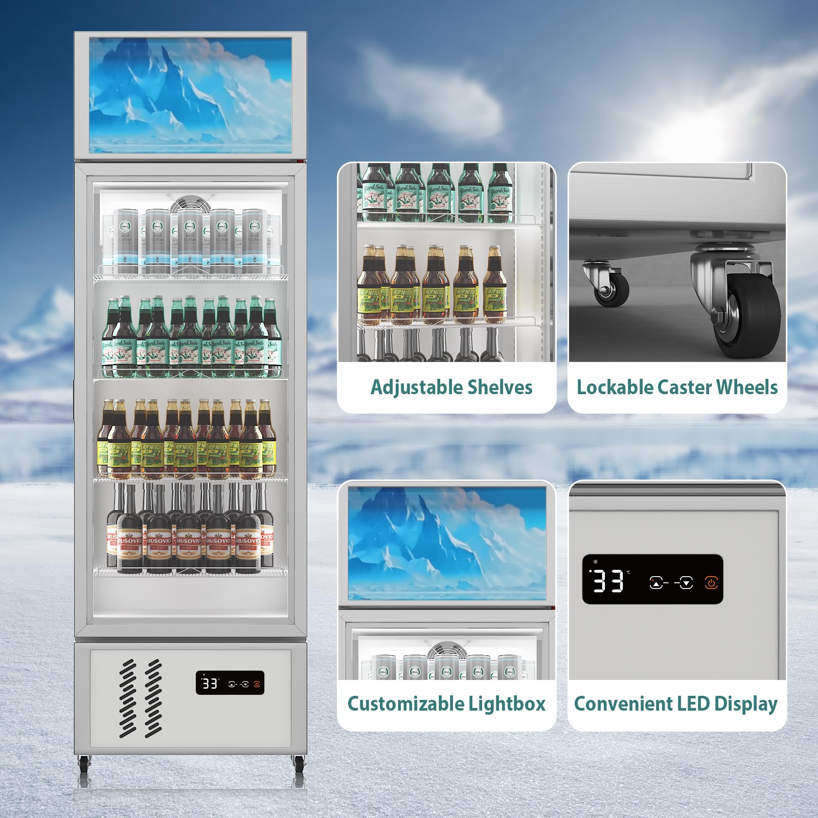 10.5 Cu Ft Commercial Merchandiser Refrigerator, Beverage Display Cooler with Glass Door, Freestanding Single Door Drink Refrigerator with LED Light for Shop, Restaurant, Bar