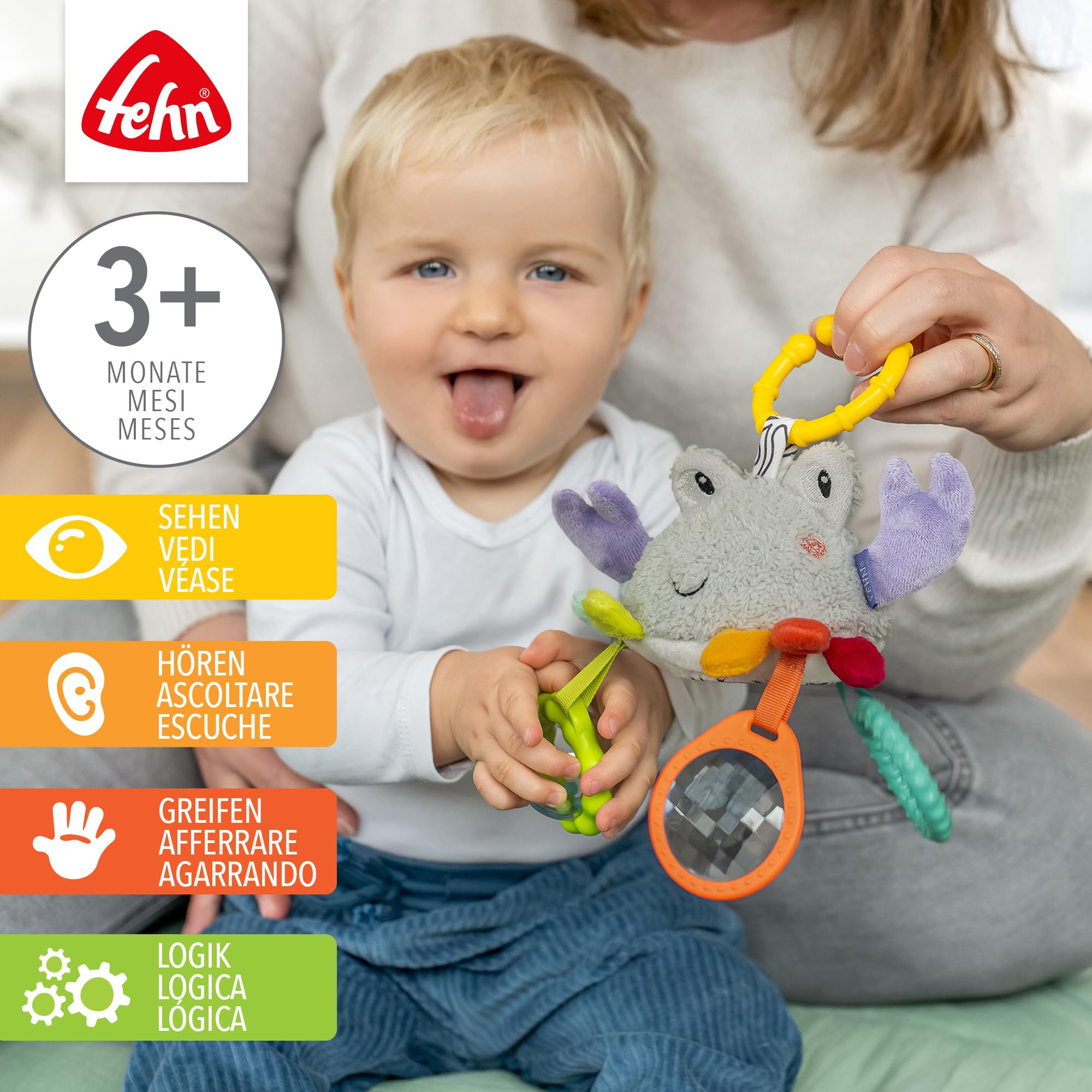 Fehn Mini-Mobile Krabbe – Motorikspielzeug Zum Aufhängen für Kinderwagen, Kinderbett und Babyschale – Zum Beißen, Greifen und Geräusche erzeugen – Spielzeug für Babys und Kinder AB 3+ Monaten