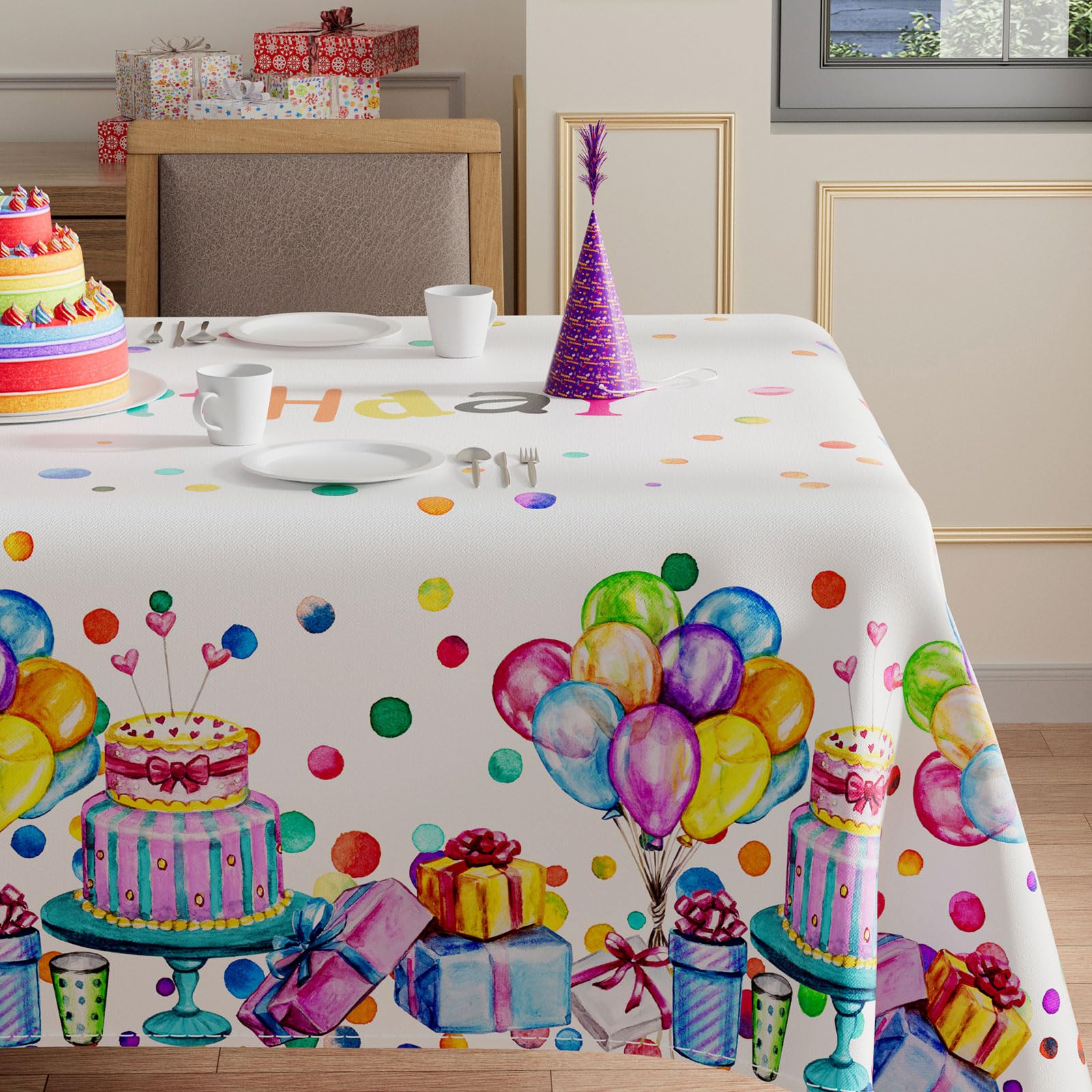 XCHI Happy Birthday Cake Gifts Colorful Balloons Tablecloth Rectangle Washable Table Covers for Indoor Outdoor Dining Table Home Party Decorations 60x84 Inch