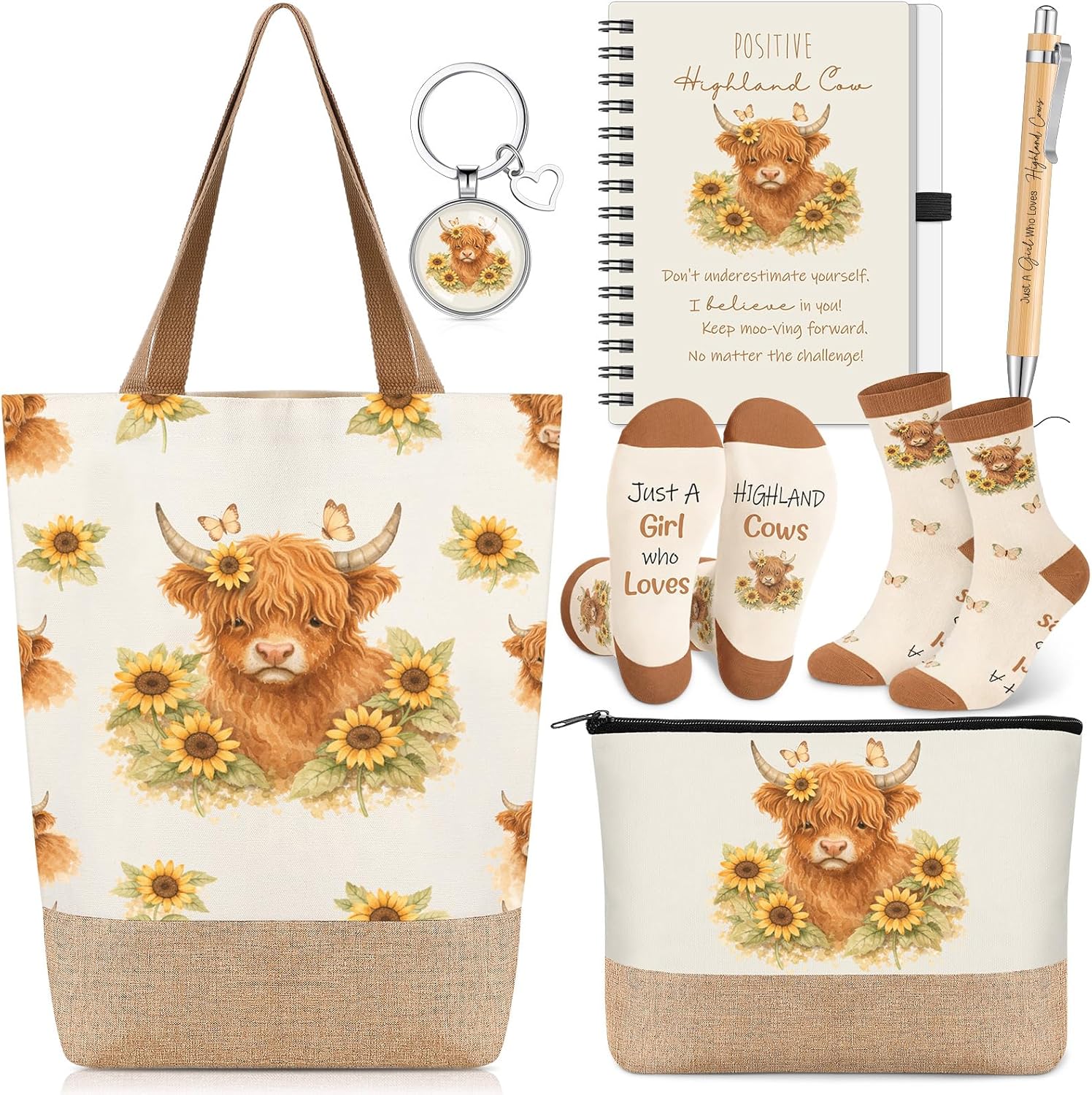 Sadnyy 6pcs Highland Cow Gift Sets for Women Highland Cow Unique Gift Set with Novelty Socks Makeup Bag Keychain Notebook Tote Bag and Pen for Mom Animal Lover Birthday Gifts