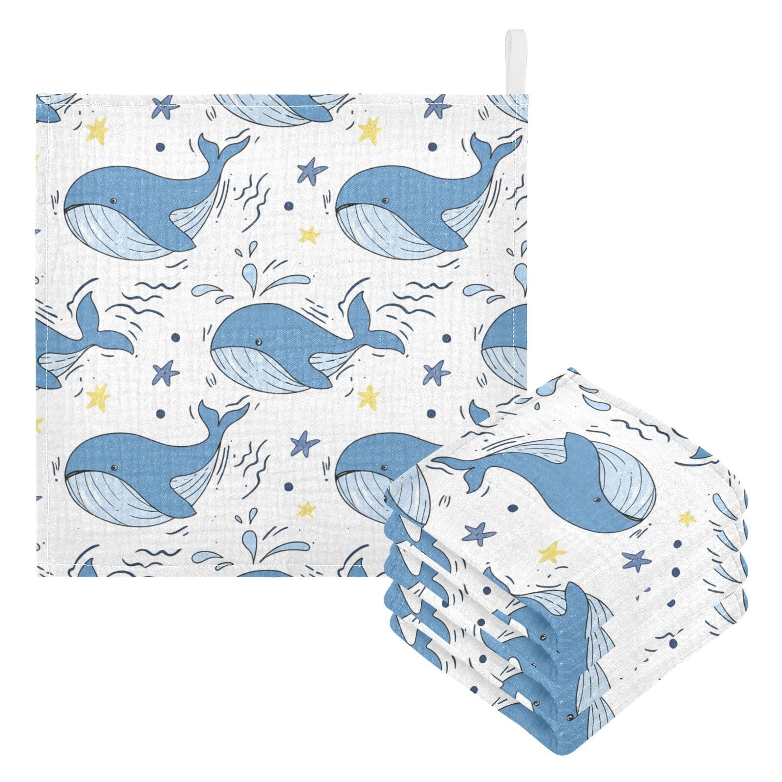 Kigai Cute Blue Whales Baby Washcloths,5pcs Ultra Soft Absorbent Towel,Newborn Bath Face Towel, Natural Reusable Baby Wipes for Sensitive Skin, Baby Registry as Shower