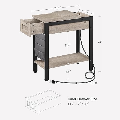Miniatura 3 de Yaheetech Mesa auxiliar estrecha con estación de carga, mesa auxiliar abatible con cajón y estante y bolsa de tela extraíble, mesita de noche de