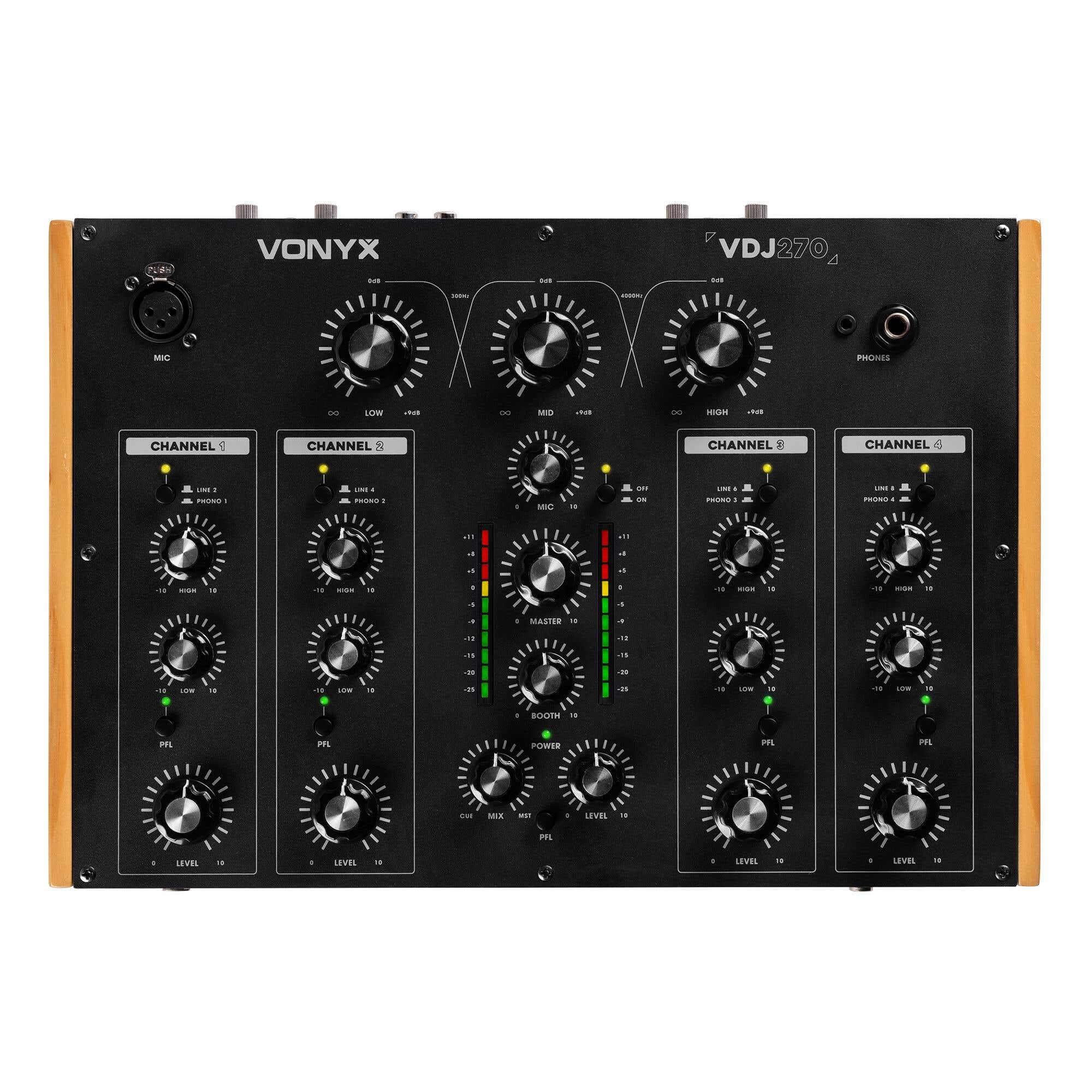 Vonyx VDJ270 DJ mixer a 4 canali – analogico Rotary Audio Mixer con 2 bande EQ & XLR – Retro DJ mixer nero effetto legno – Sound Mixer per vinile & Club – Include Booth Output & Mic Input