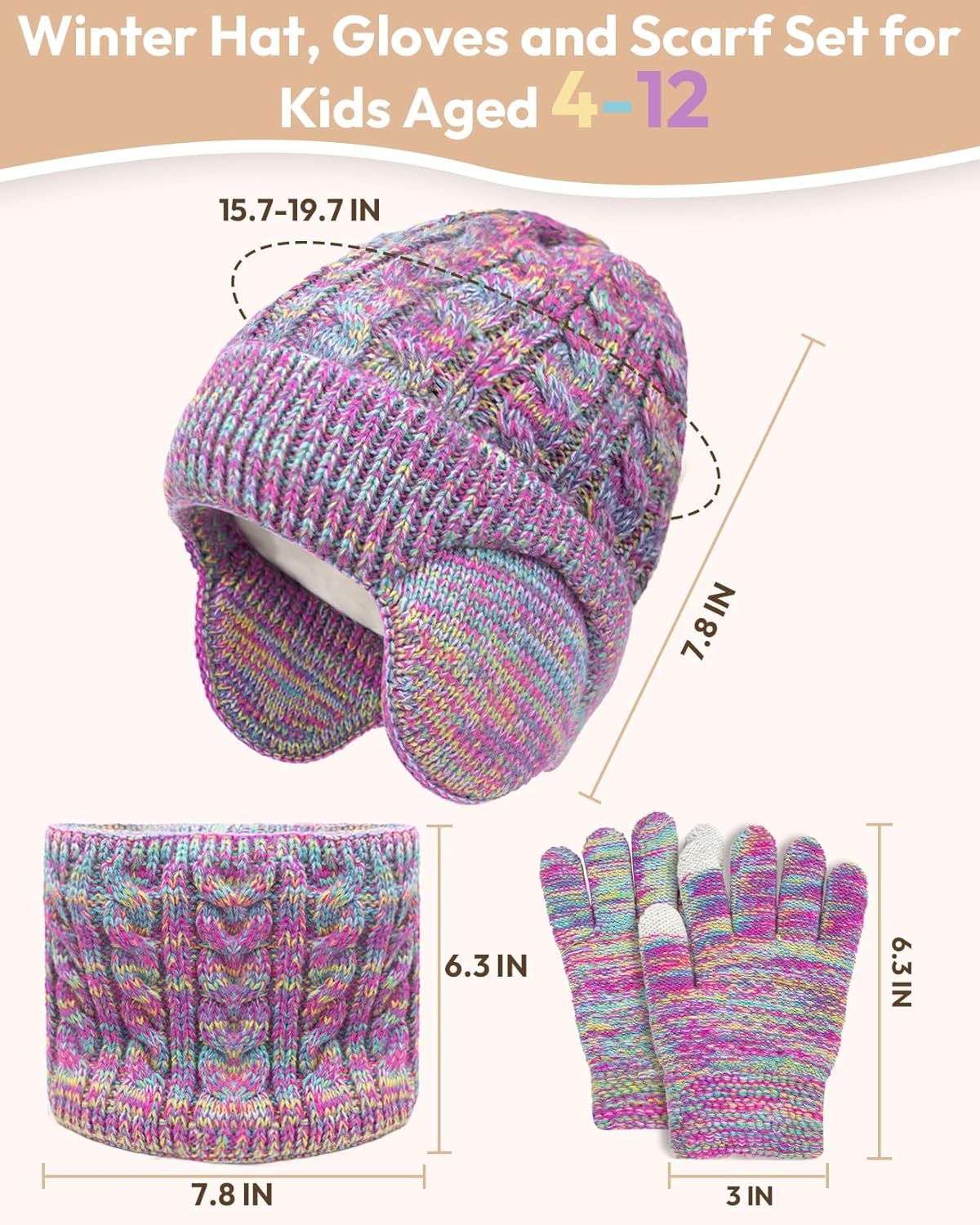 Kids Winter Hat Gloves Scarf Set,Toddler Girls Boys Beanie Hat with Earflaps,Knit Mittens & Neck Gaiter Warmer for Kids 4-12 - Image 5