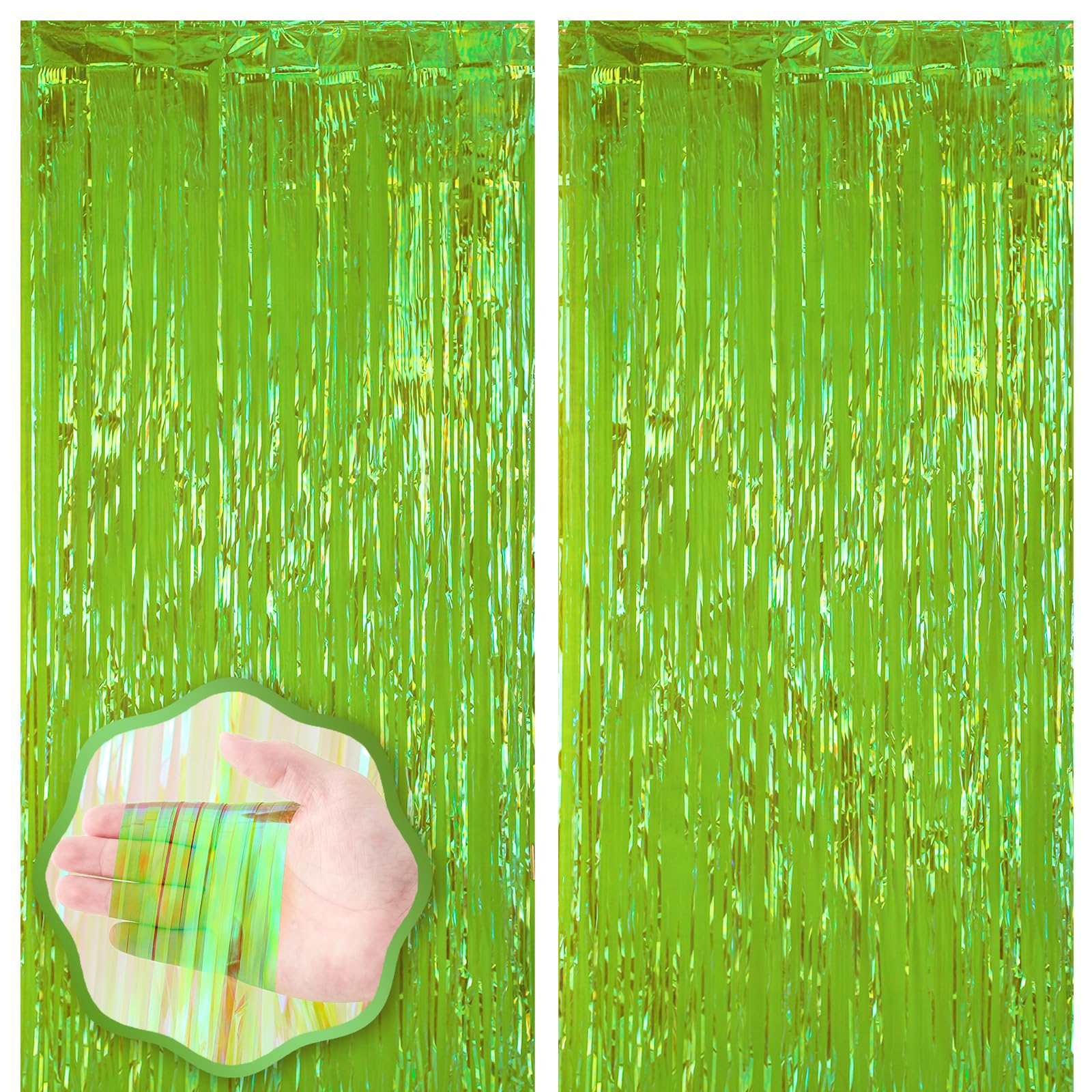 Voircoloria 2 Pack Neon Green Foil Fringe Backdrop Curtains, 3.3x8.2 Feet