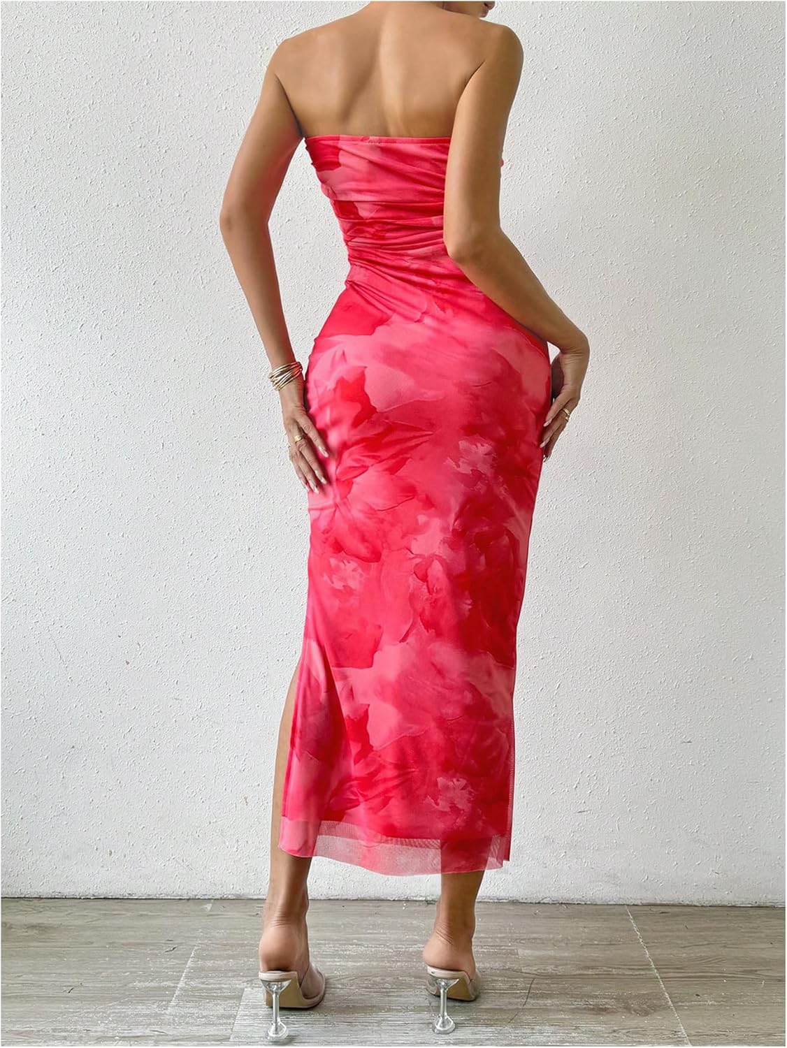 GORGLITTER Women's Floral Strapless Bodycon Wedding Guest Dress Vacation Summer Birthday Tropical Maxi Long Sun Dresses Light Pink Floral Medium - Image 2