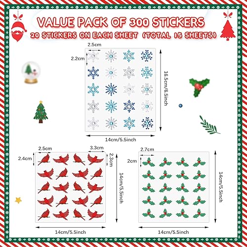 Miniatura 2 de Zonon 300 calcomanías de acebo de Navidad, copos de nieve, calcomanías de purpurina dimensional de diamante 3D de Navidad, calcomanías decorativas