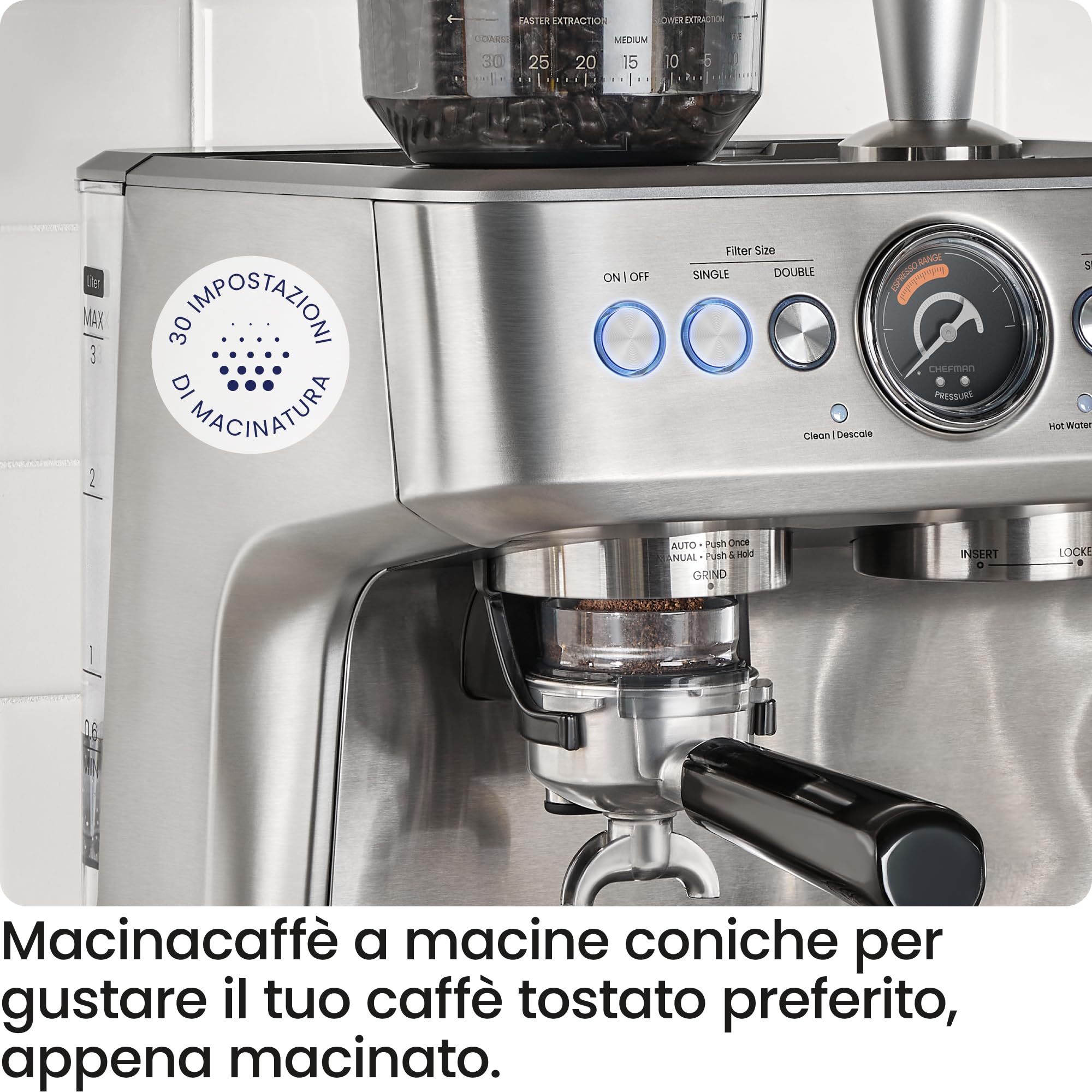 Chefman Crema Supreme Macchina per Espresso 15 Bar con Macinacaffè | Montalatte, canna del vapore Barista, 30 impostazioni di macinazione, serbatoio 3L rimovibile