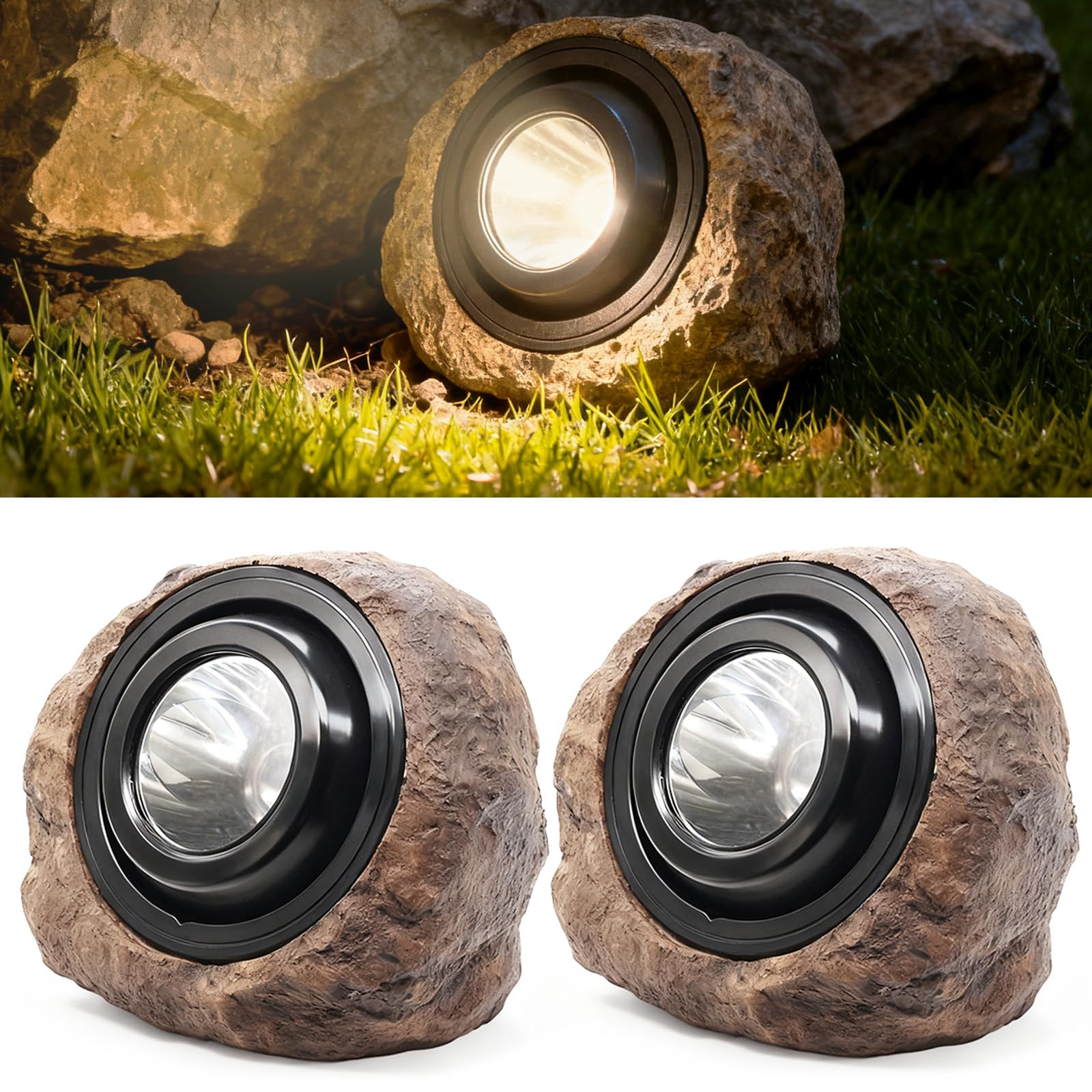 Solar Powered Rock Lights Outdoor- 2 Pack Super Bright Solar Spot Garden with 2 Lighting Modes, IP65 Waterproof Outdoor Decorative for Garden,Backyard, Roads, Yard, Patio Landscape,Sidewalks