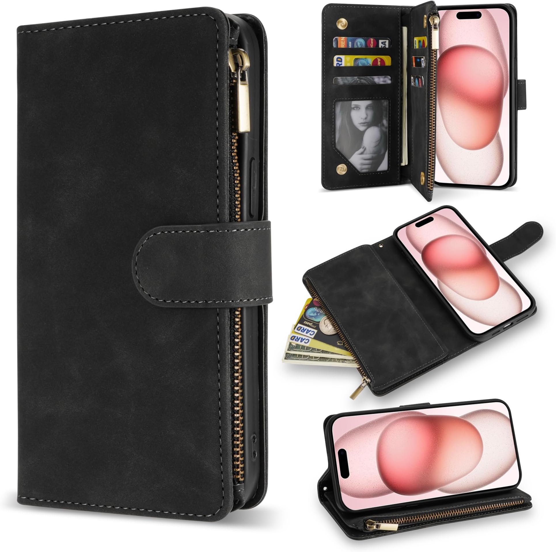 ZZXXfor iPhone 15 Case Wallet with [RFID Blocking] Card Slot Premium Soft PU Leather Zipper Folio Flip with Wrist Strap Kickstand Protective Phone Cover for iPhone 15 Wallet Case(Black-6.1 inch)