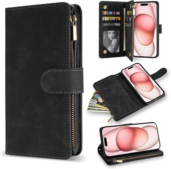 for iPhone 15 Case Wallet with [RFID Blocking] Card Slot Premium Soft PU Leather Zipper Folio Flip with Wrist Strap Kickstand Protective Phone Cover for iPhone 15 Wallet CaseBlack-6.1 inch