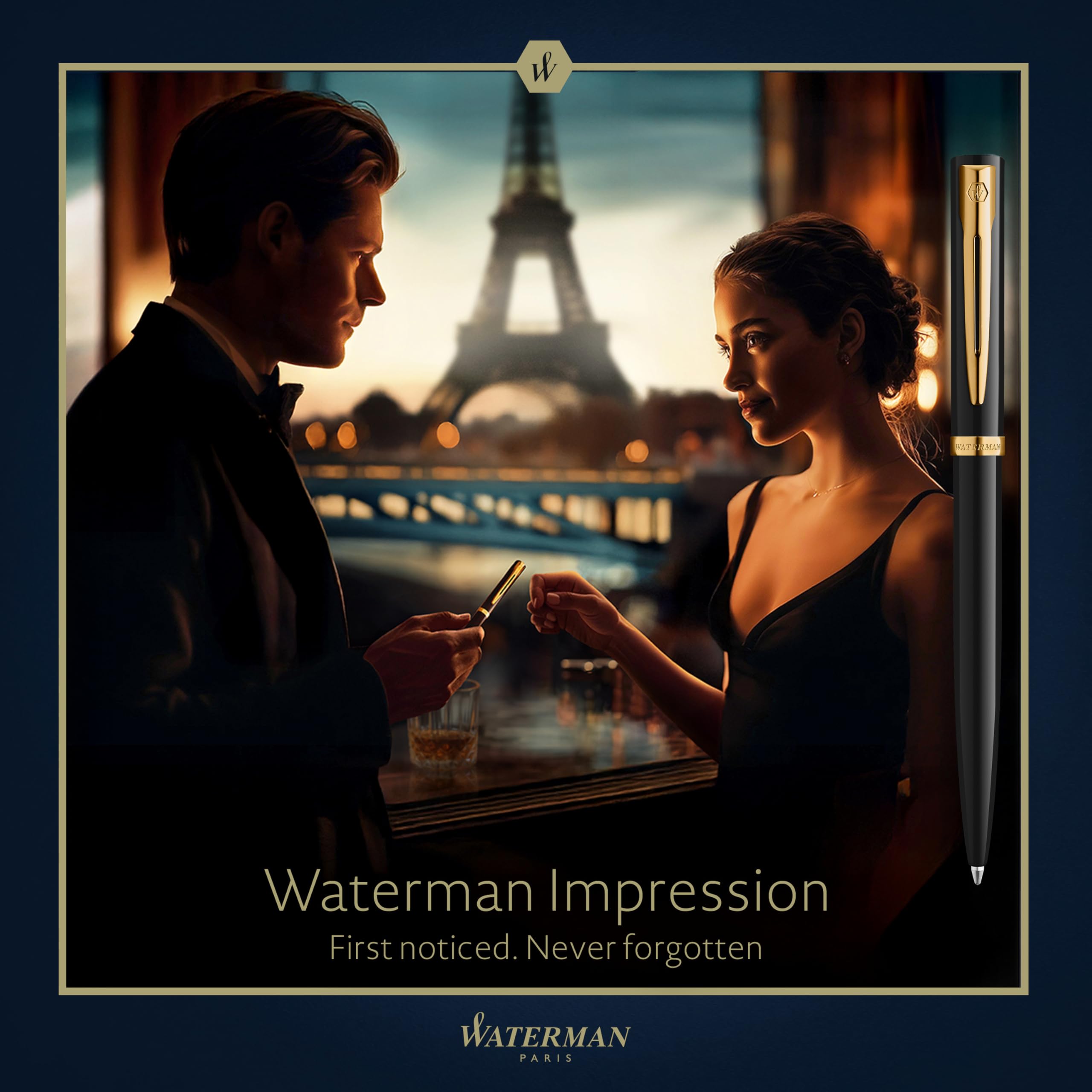 Waterman Impression Ballpoint Pen | Black with Gold Trim | Medium Point | Blue Ink | Gift Box - Image 2