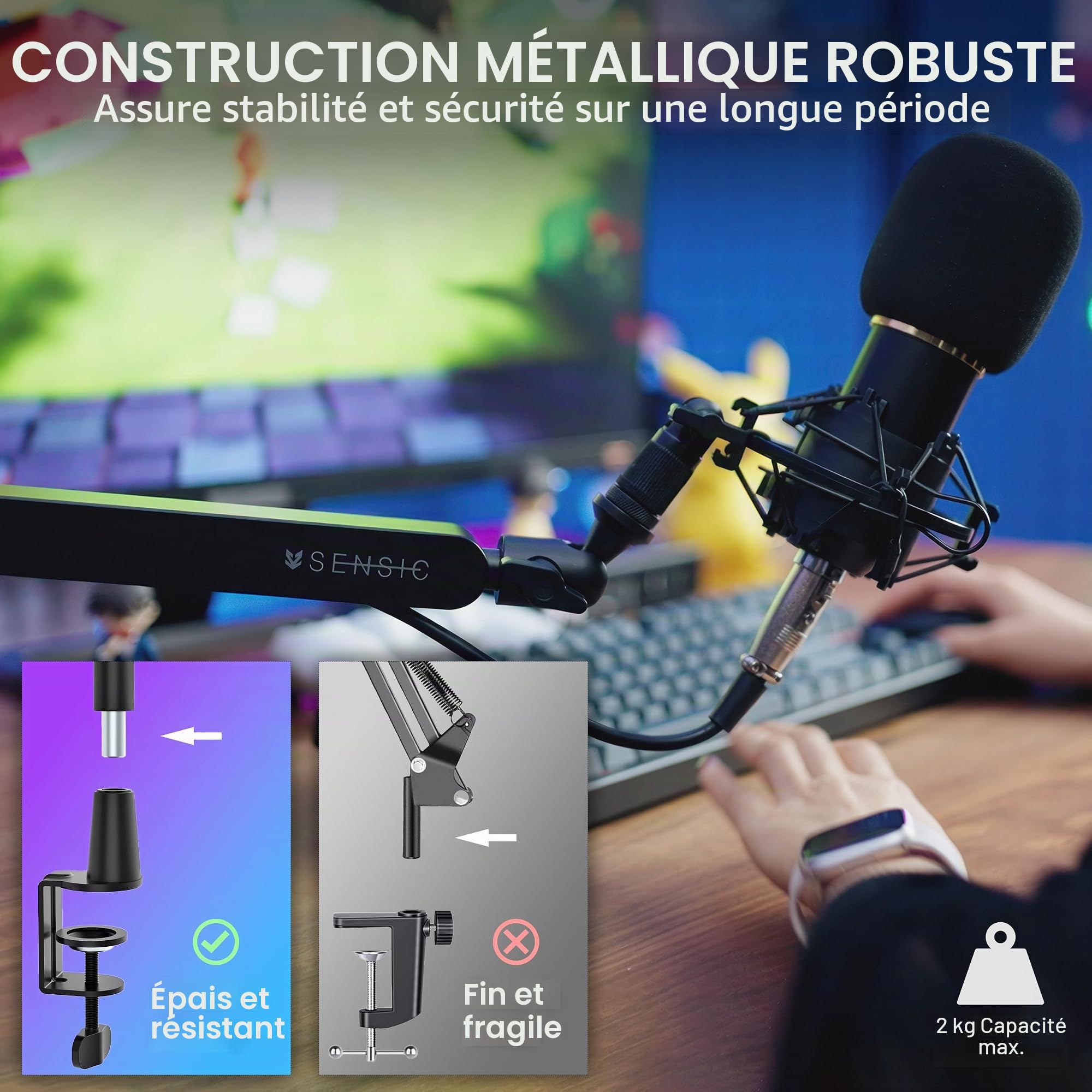 Sensic SA-30 LP Bras de microphone à profil bas, support de micro rotatif à 360°, bras de microphone à profil bas pour streaming avec gestion des câbles, support de microphone professionnel, bras
