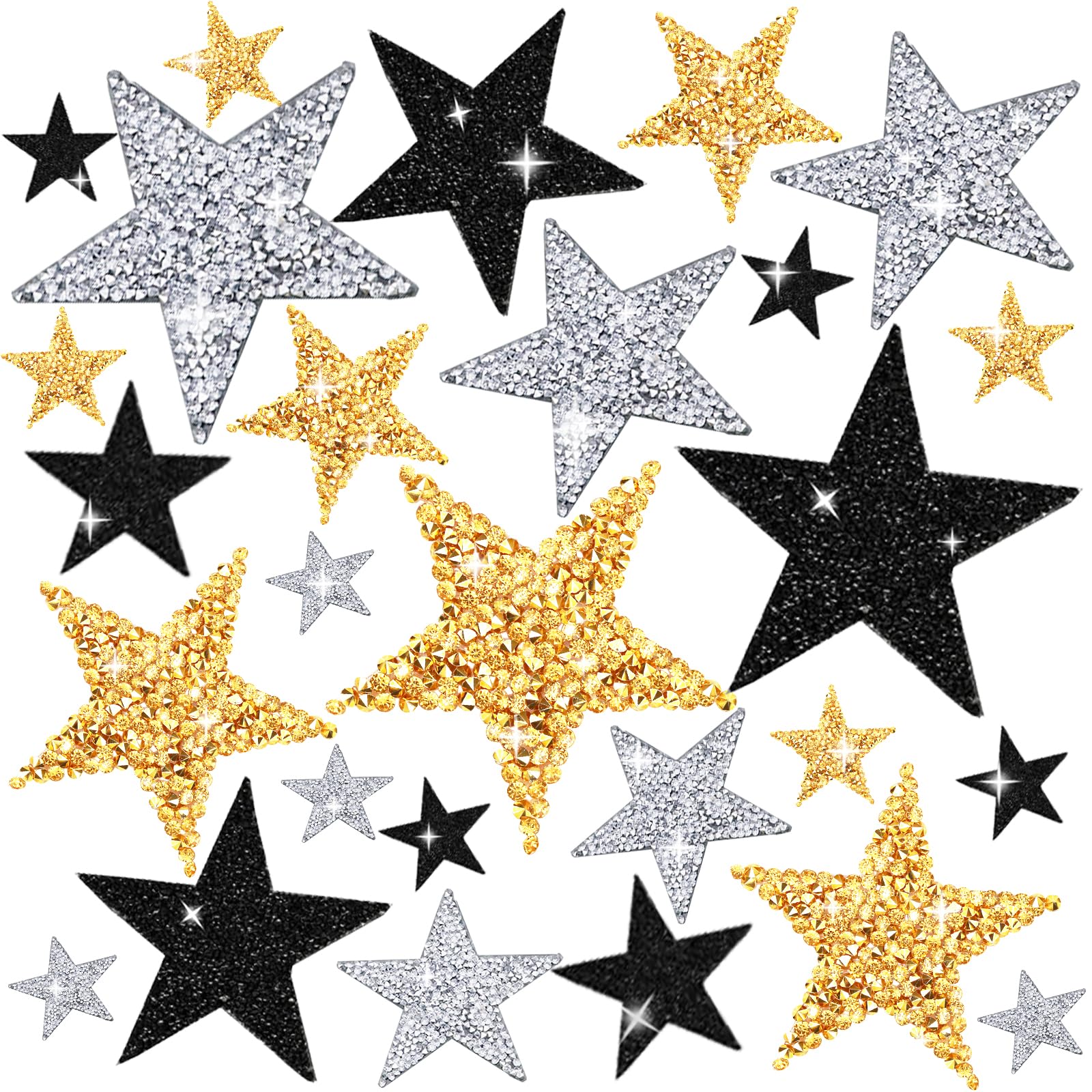 27 Pieces Rhinestone Star Patches for DIY, 4 Sizes Iron On Adhesive Glitter Star Appliques for Clothing Repair and Decoration (Black,Silver,Gold, Mixed Size)