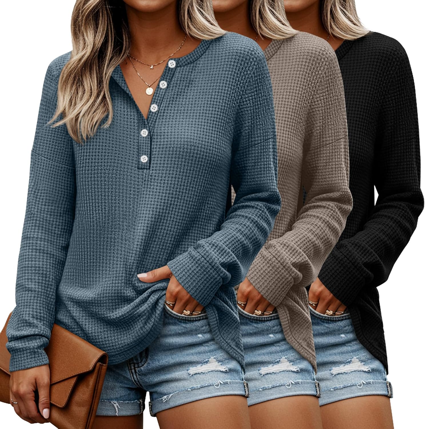 3 Pack Women's Oversized Waffle Knit Shirts Long Sleeve Henley V Neck Tops Button u...