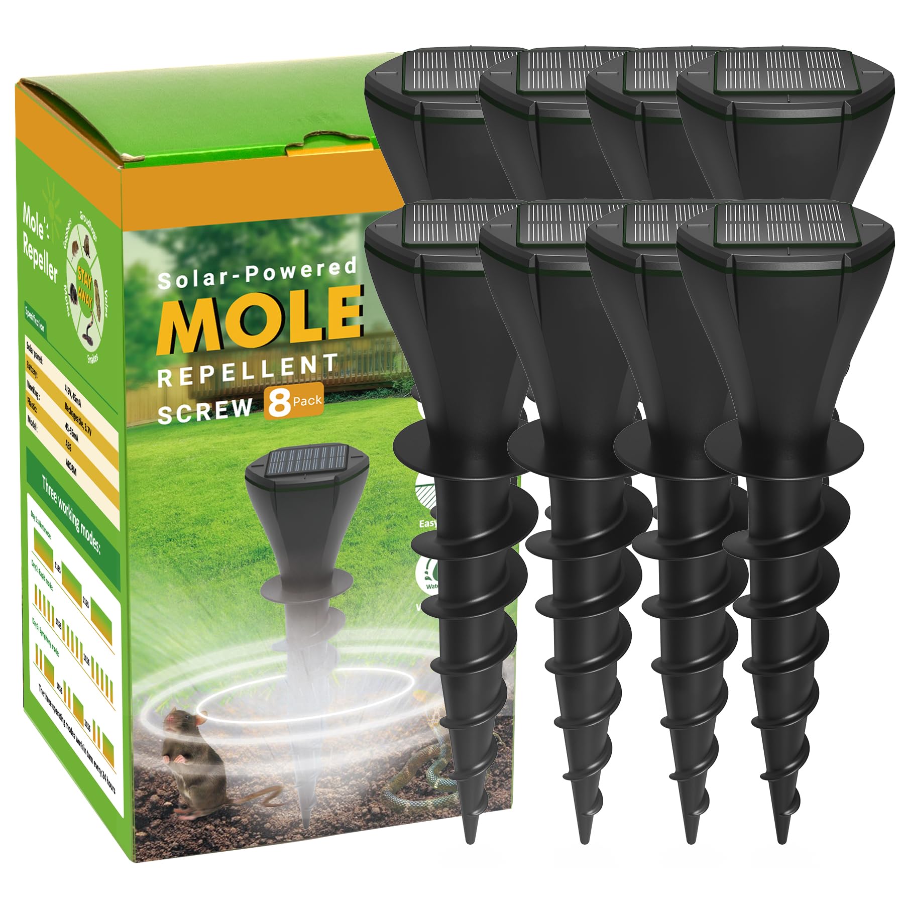X-PEST Solar Powered Mole Repellent Stakes Outdoor Ultrasonic Snake Groundhog Gopher Vole Chipmunk Repeller Sonic Deterrent Spikes Device for Lawns and Yard Waterproof 8 Pack- No Poison Killer Traps