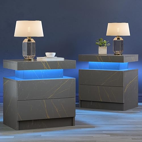 Cubehom Juego de 2 mesitas de noche LED, mesa auxiliar moderna con 2 cajones, mesas auxiliares para sala de estar, dormitorio, color gris