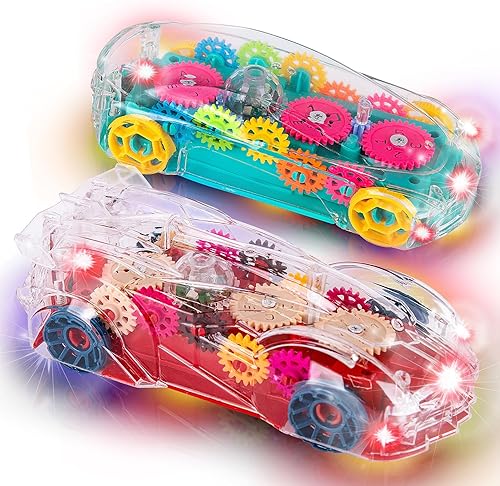 ArtCreativity Coches de juguete transparentes iluminados para niños, juego de 2, autos de juguete Bump and Go con coloridos engranajes móviles,
