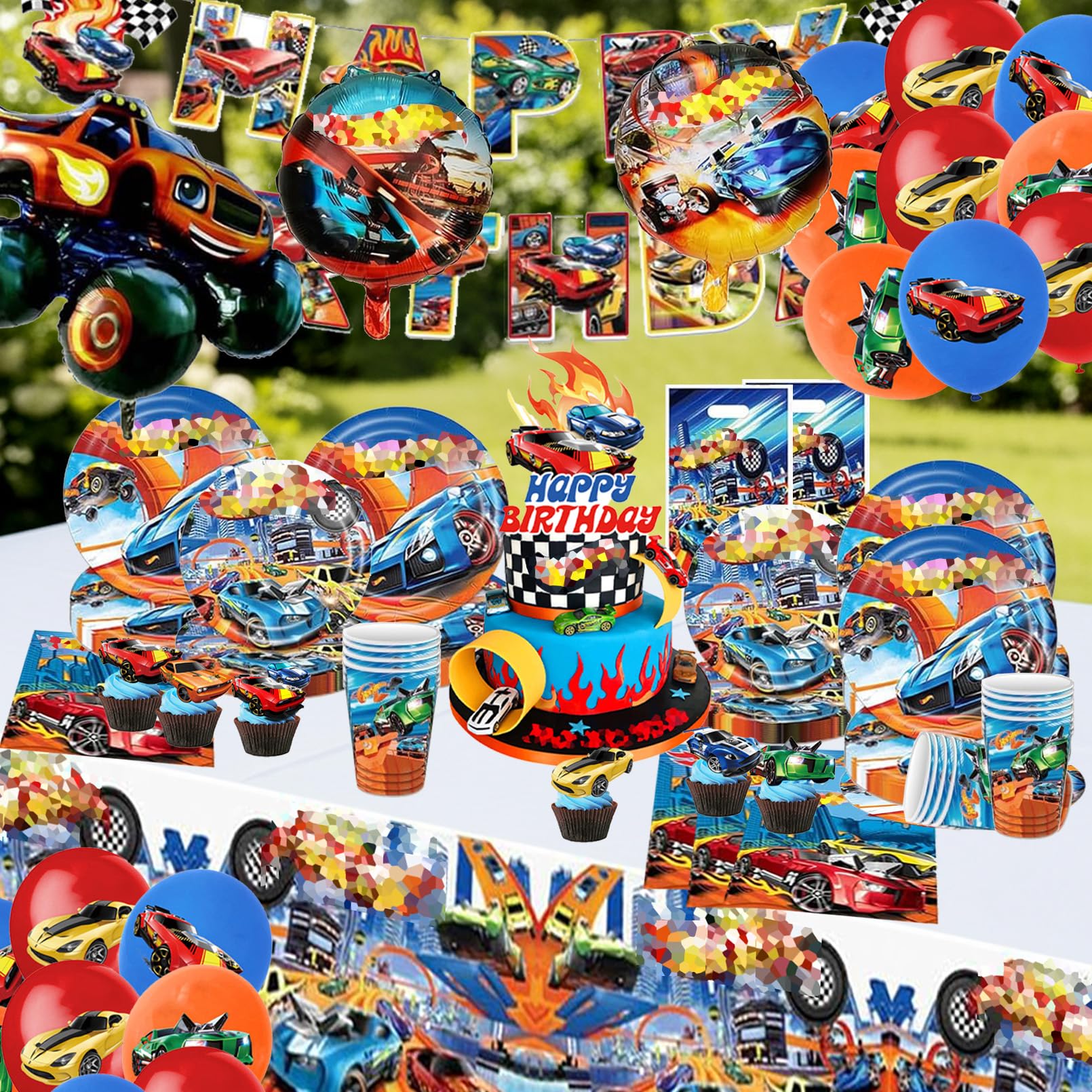 Hot Wh-els Stoviglie per Feste di Compleanno，Addobbi Compleanno Hot Wh-els，Cars Tovaglia, Piatti di Carta，Adatto a 10 persone