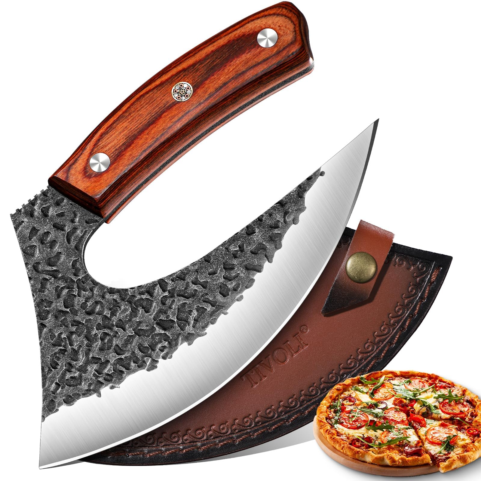 TIVOLI Professioneller Pizzamesser mit scharfer rostbeständiger Klinge aus Kohlenstoffstahl Pizza Axt aus hochwertigem Kohlenstoffstahl, Handgefertigte Pizzaschneider mit Lederscheide