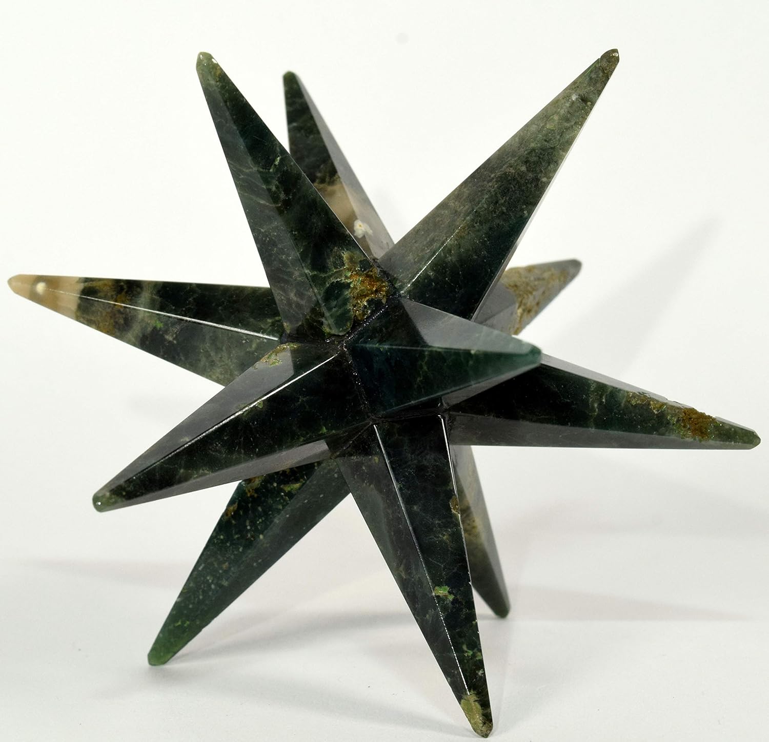 HC Set: 3.4" Green 12 Point Ocean Jasper Merkaba Star Natural Sparkling Crystal Druzy Mineral Sacred Geometry Stone Star - Madagascar + One Polished Clear Quartz Cabochon