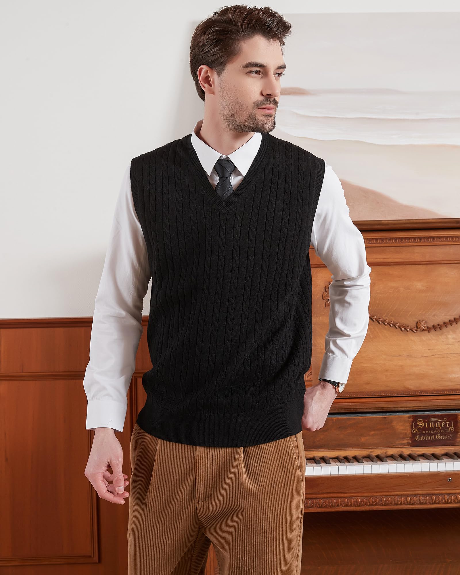 Kallspin Homme Gilet Pull col en V en Laine mélangée sans Manches tricoté