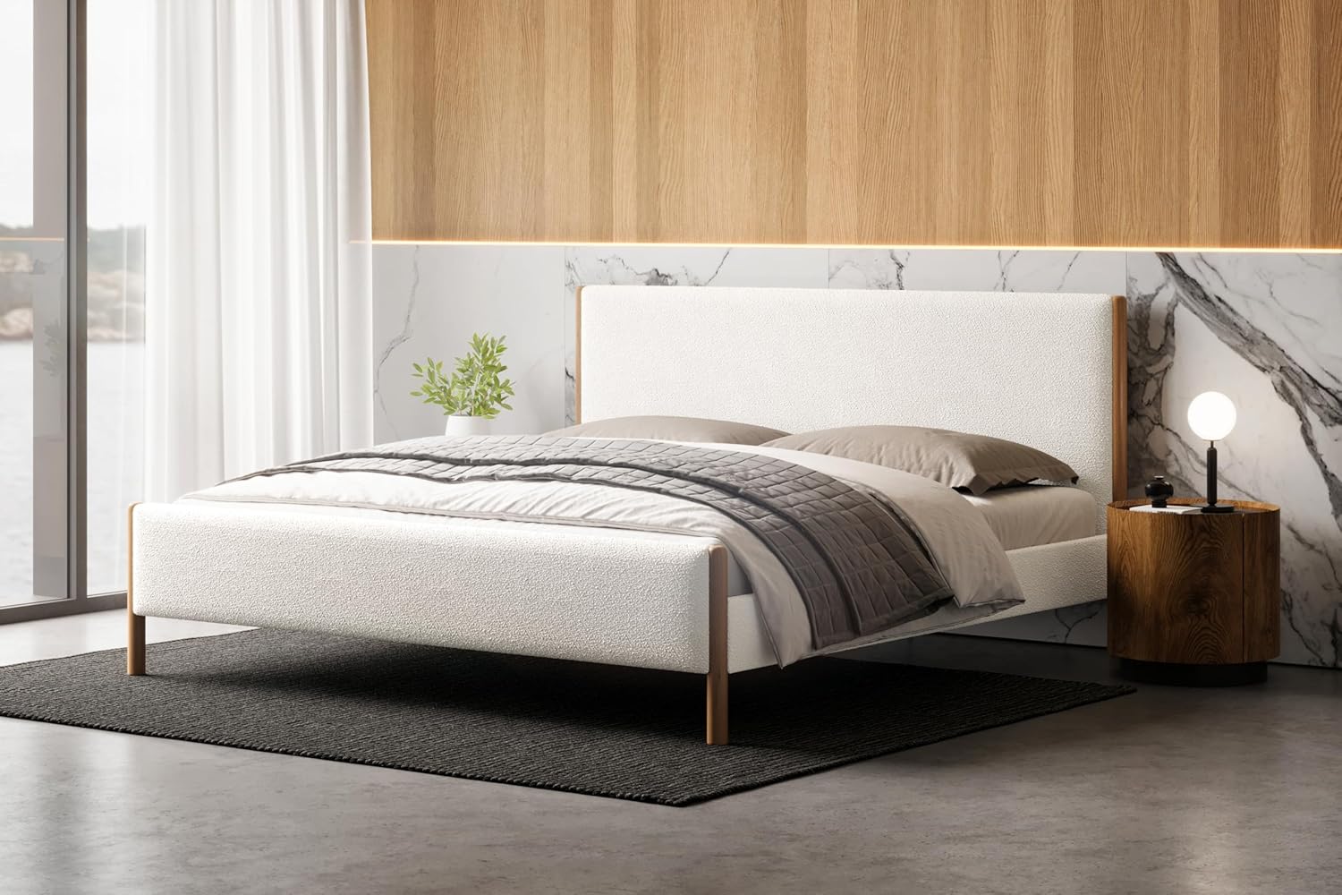 Liana Modern Style Upholstered Platform Bed with Soft Boucle Fabric and Solid Wood Legs - Box Spring Not Required - White Boucle, King Size