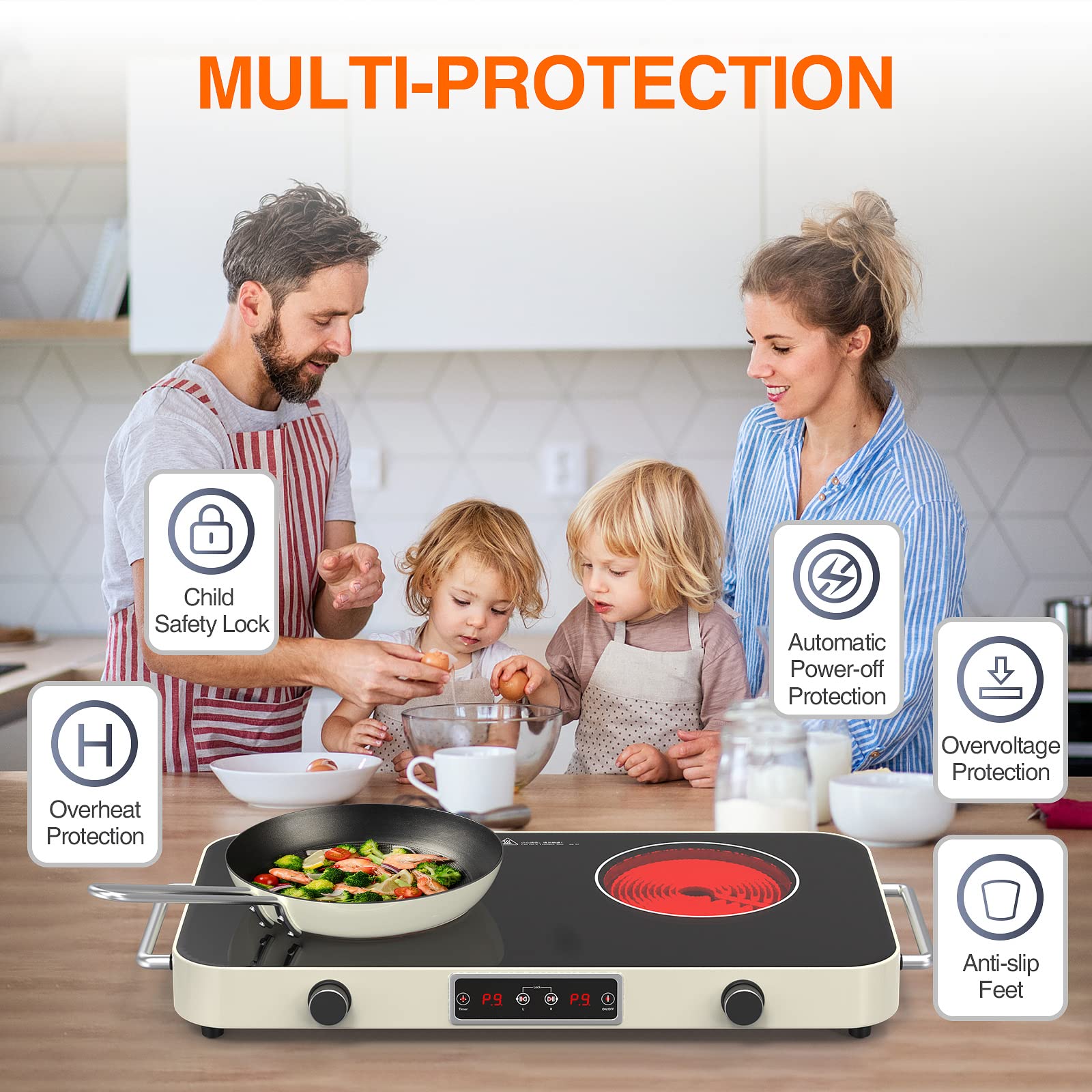 Placa Inducción 2 Fuegos, Placa de Inducción Doble con Control Independiente, Vitro Induccion 3600W, 10 Niveles, Control Táctil, Temporizador y Bloqueo para Niños, Calefacción Rápida