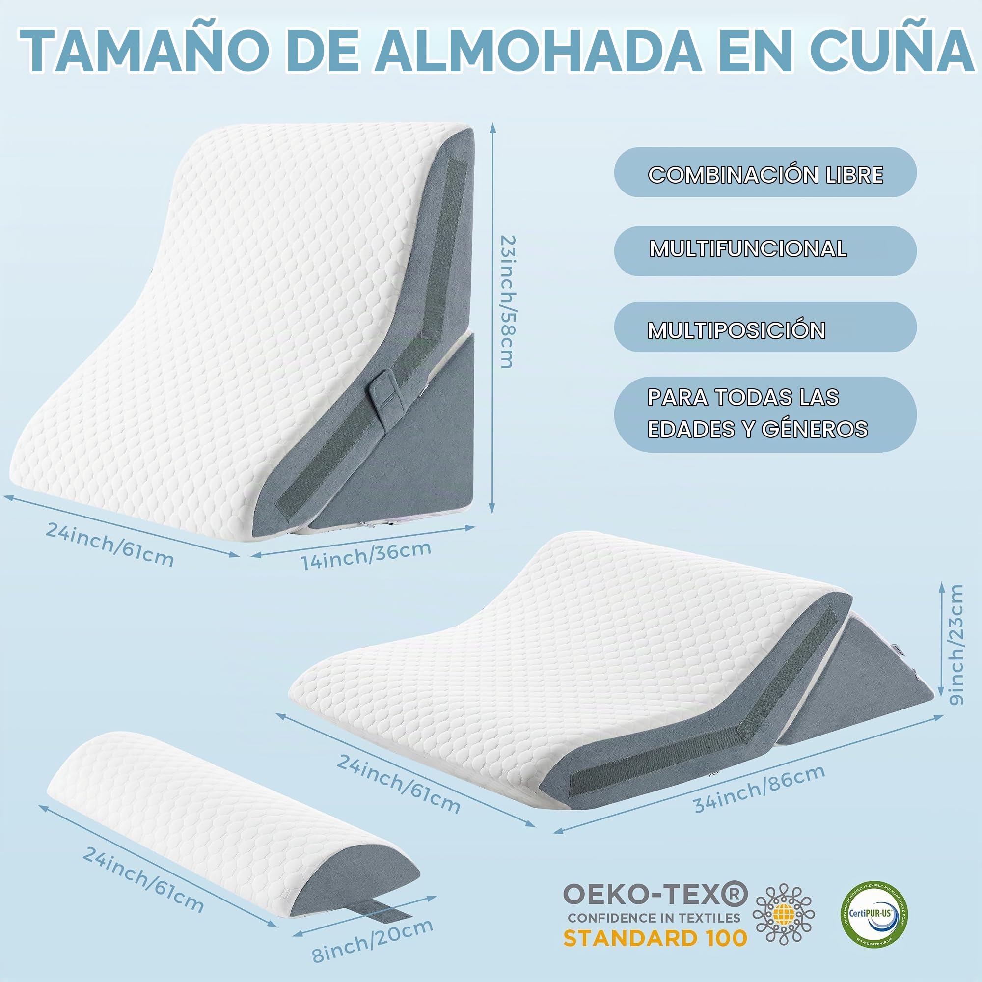 Cuña Antireflujo Juego de Almohadas Wedge Ortopédicas 3 en 1 - Almohada Triangular Plegable de Espuma Viscoelástica Ajustable de 23 y 36 cm para Soporte de Piernas, Apnea del Sueño