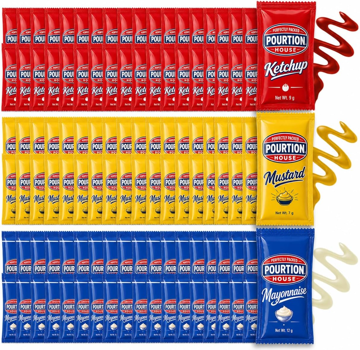 Pourtion House Condiment 150 assortment gift pack - 50 Single Serve Pouches of Each: Ketchup, Mustard, and Mayo - 150 Pack, Great for Picnics, Boxed Lunch, BBQ, Travel, and Parties