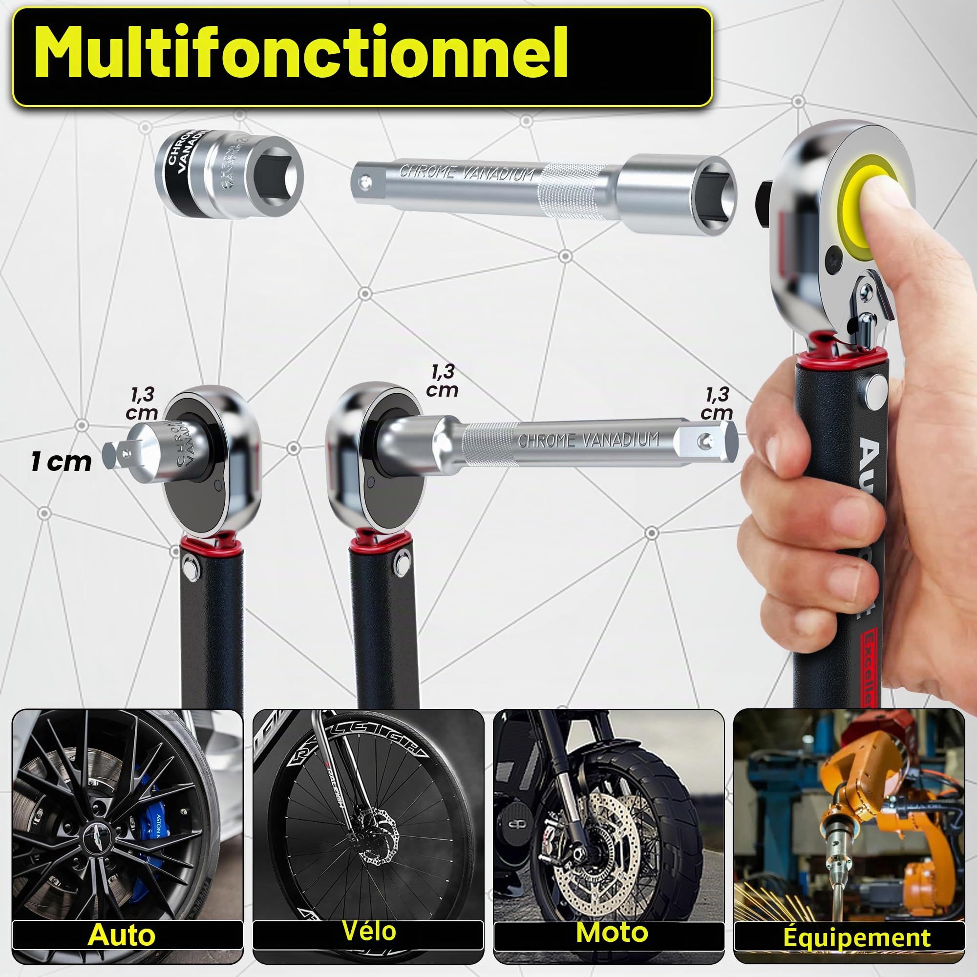 Jeu de Clé de Dynamométriques 1/2'', 20-230 Nm Clé de Torsion, Avec Rallonge de 12.5 cm Précision D'erreur ± 3%, Pour Changement de Voiture Pneus et Réparation à Domicile