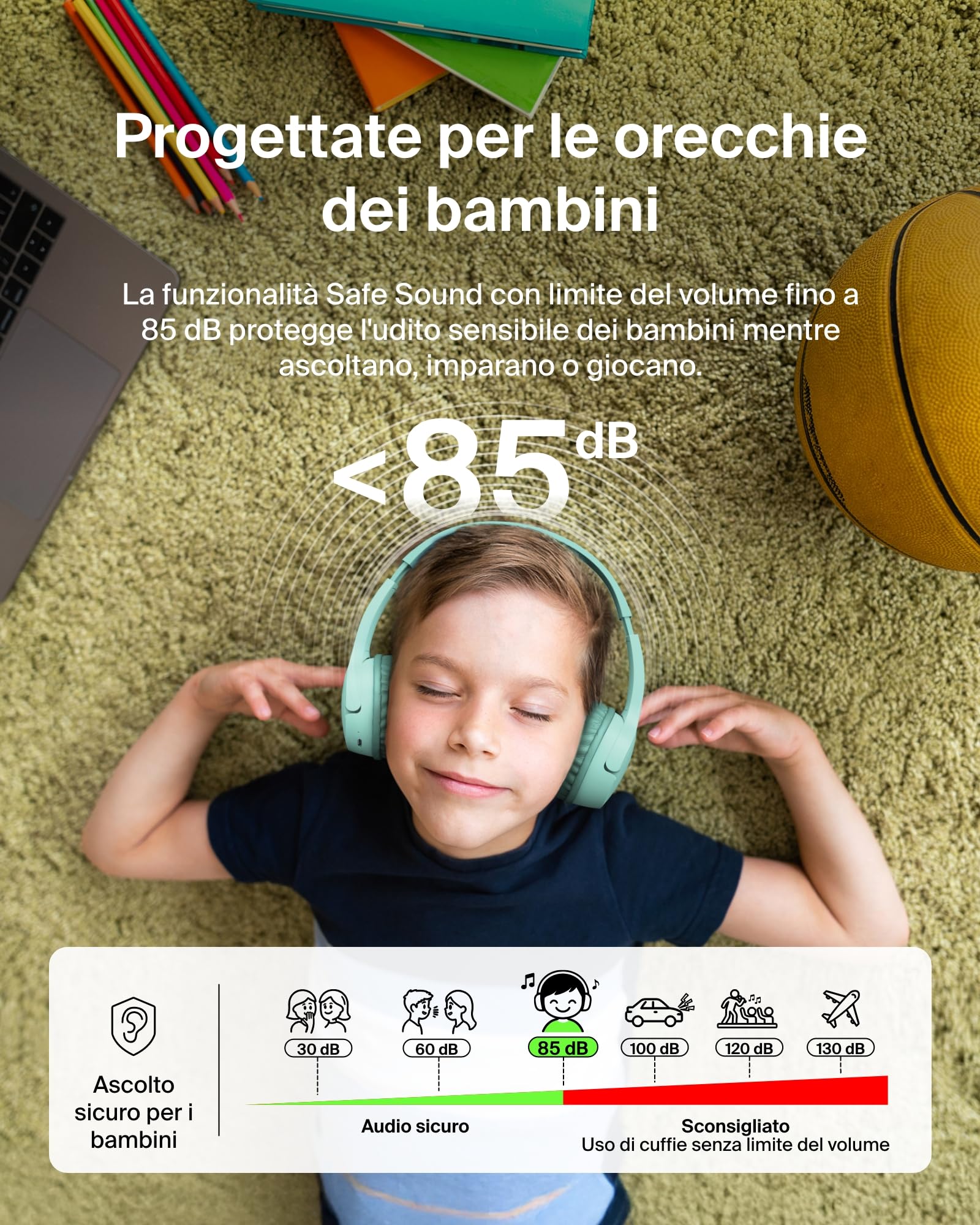 Belkin SoundForm - Mini cuffie wireless per bambini, con microfono integrato, 30 ore di riproduzione e divertenti adesivi, cuffie over-ear per apprendimento online, scuola, viaggi, iPhone, iPad,
