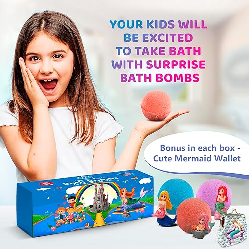 Miniatura 6 de 3 bombas de baño para niños con juguetes de sirena en el interior + billetera adicional para niños, sorpresa genial para niñas, niños, adolescentes,