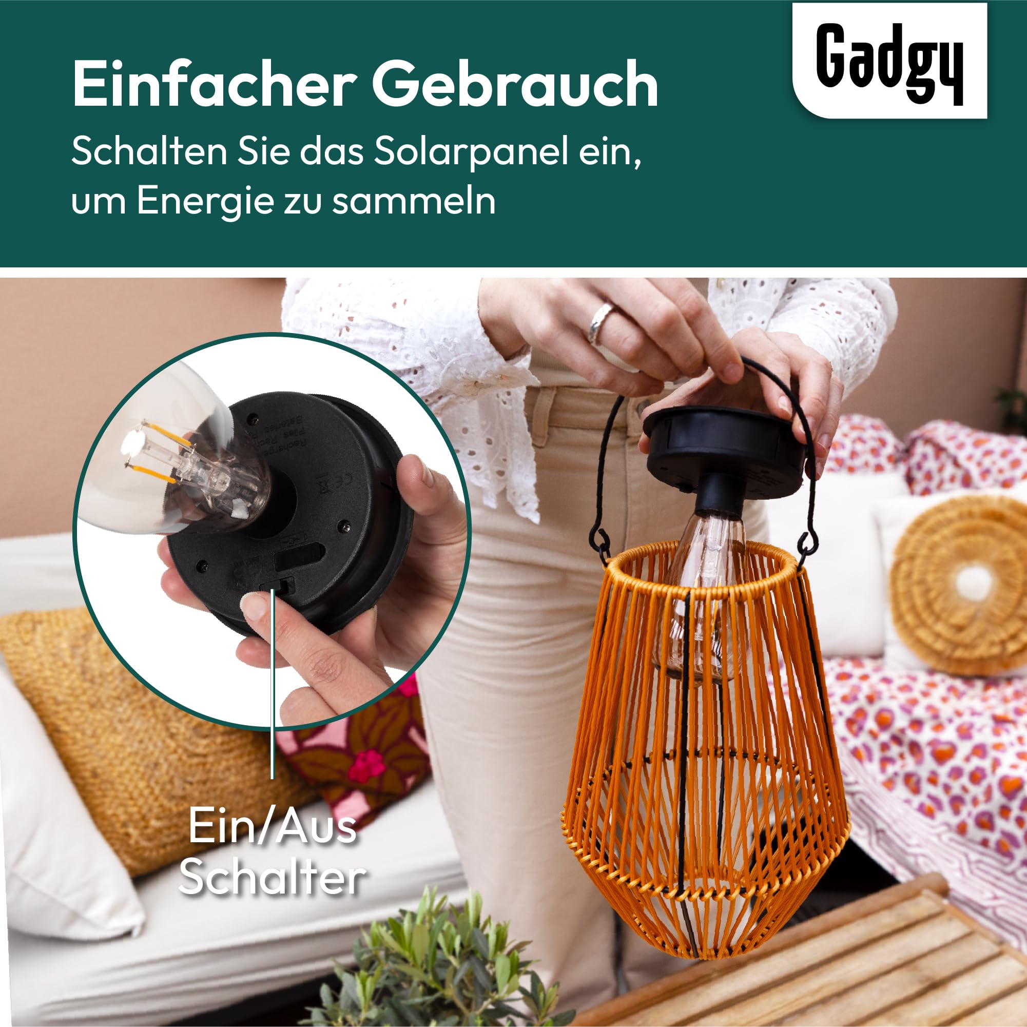 Gadgy Solarlampe für Außen Garten – Wetterfeste Solar Laterne Rattan-Optik Warmweiß LED Dekorative Solarleuchte