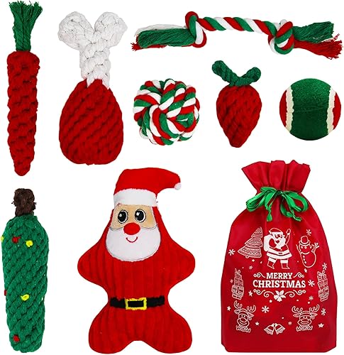 8 juguetes masticables de Navidad para perros, juguetes masticables para dentición de cachorros de Papá Noel con adorables juguetes chirriantes,