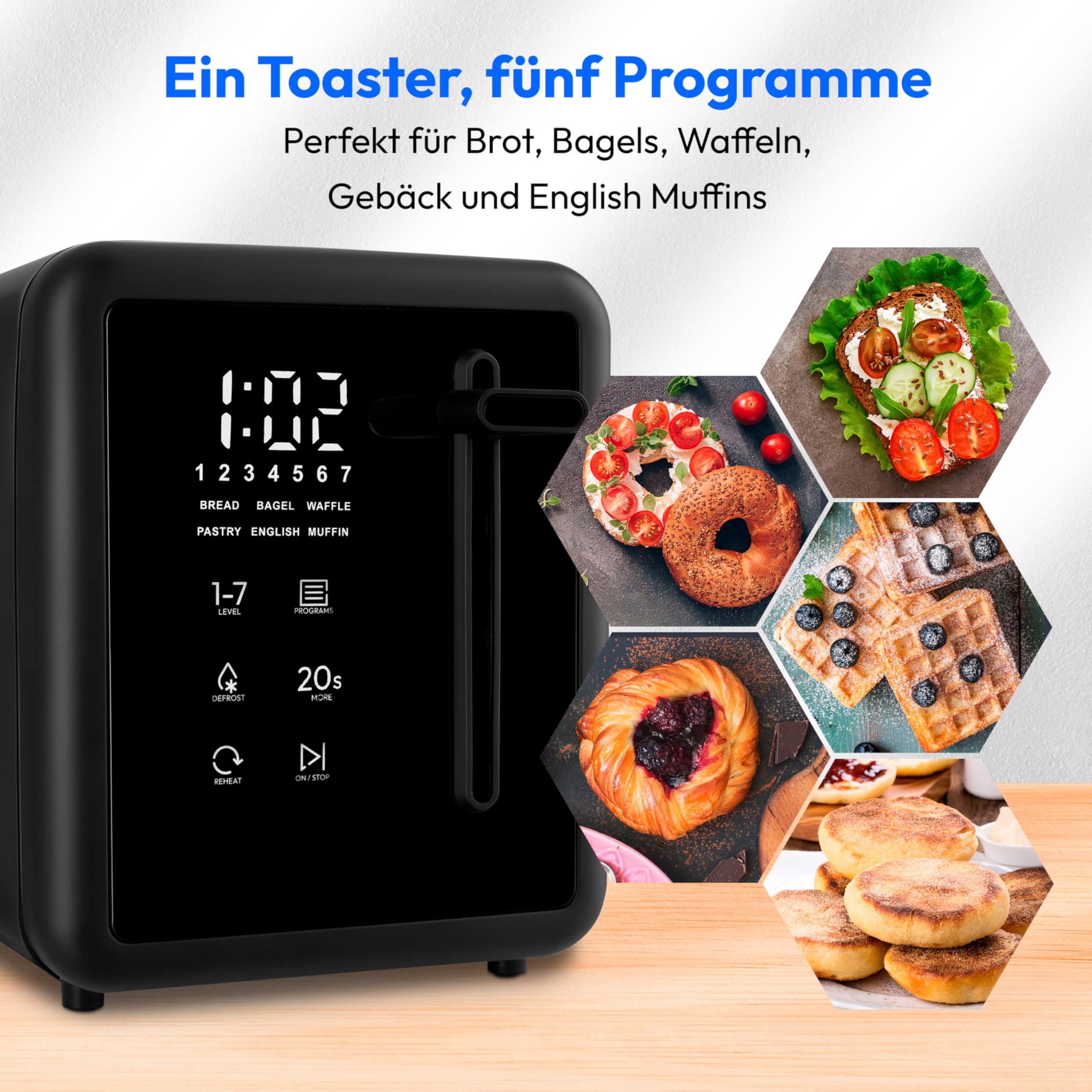MEDION Toaster 2 Scheiben mit Brötchenaufsatz (7 Bräunungsstufen, 5 Automatikprogramme, 850 Watt, Auftauen, Aufwärmen, LED Sensor Touch Display, Krümelschublade, Edelstahl Matt, MD 12102) schwarz
