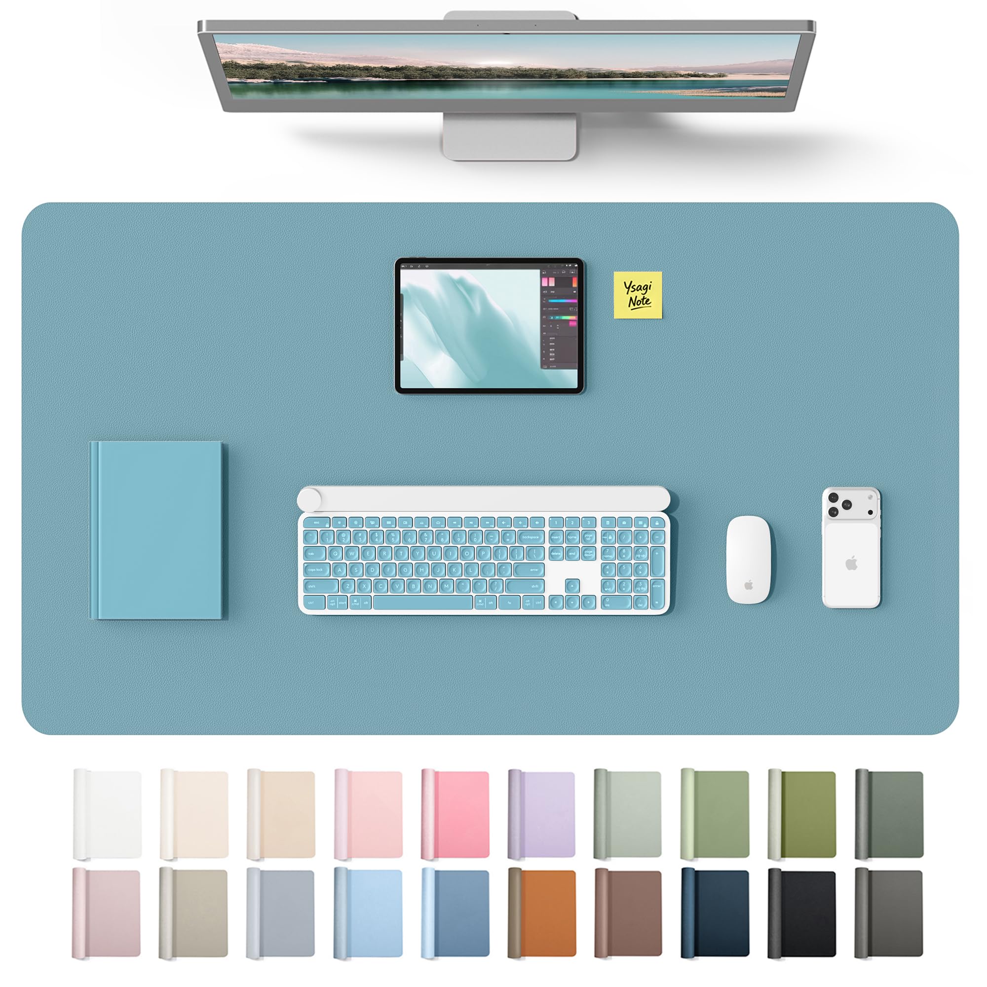YSAGi Leather Desk Protector, Office Mat, Large Mouse Mat, Non-Slip PU Leather Blotter, Laptop Desk Mat, Waterproof Writing Pad for Office and Home(Aquamarine, 40" x 24")