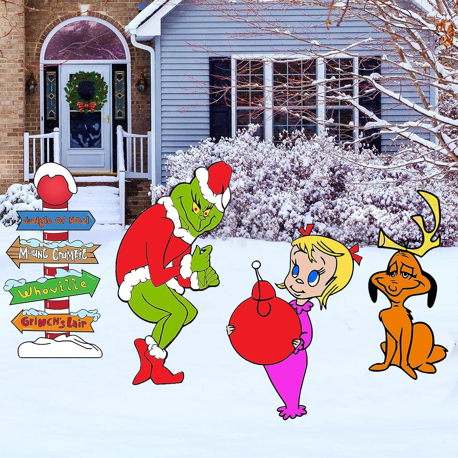 Christmas Grinch Decorations, 4PCS Yard Signs 24 Inch Extra Large Grinch Stealing Christmas Decor, Grinch Cindy Max Whoville Sign for Xmas Lawn Yard Outdoor Indoor Decoration