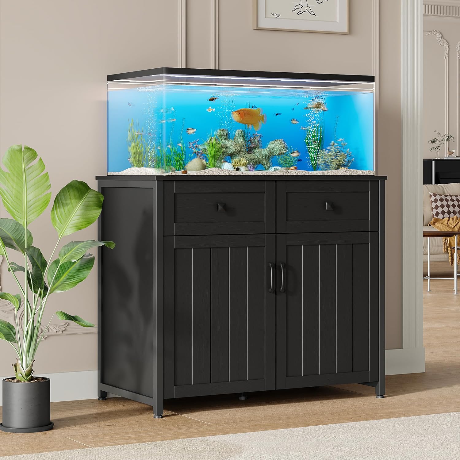 Pipleo 40-50 Gallon Aquarium Stand with Power Outlets, Cabinet for Fish Tank Accessories Storage, Heavy Duty Metal Fish Tank Stand Suitable for Turtle Tank, Reptile Terrarium, 660LBS Capacity, Black