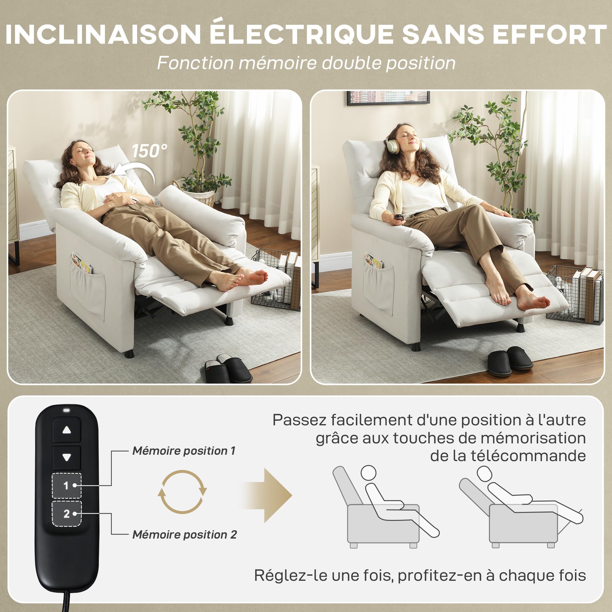 HOMCOM Fauteuil Relax électrique massant et Chauffant, Fauteuil inclinable en Velours adapté aux Animaux, Repose-Pieds, Moteur Silencieux, mémoire, Port USB, Poches latérales et télécommande, crème