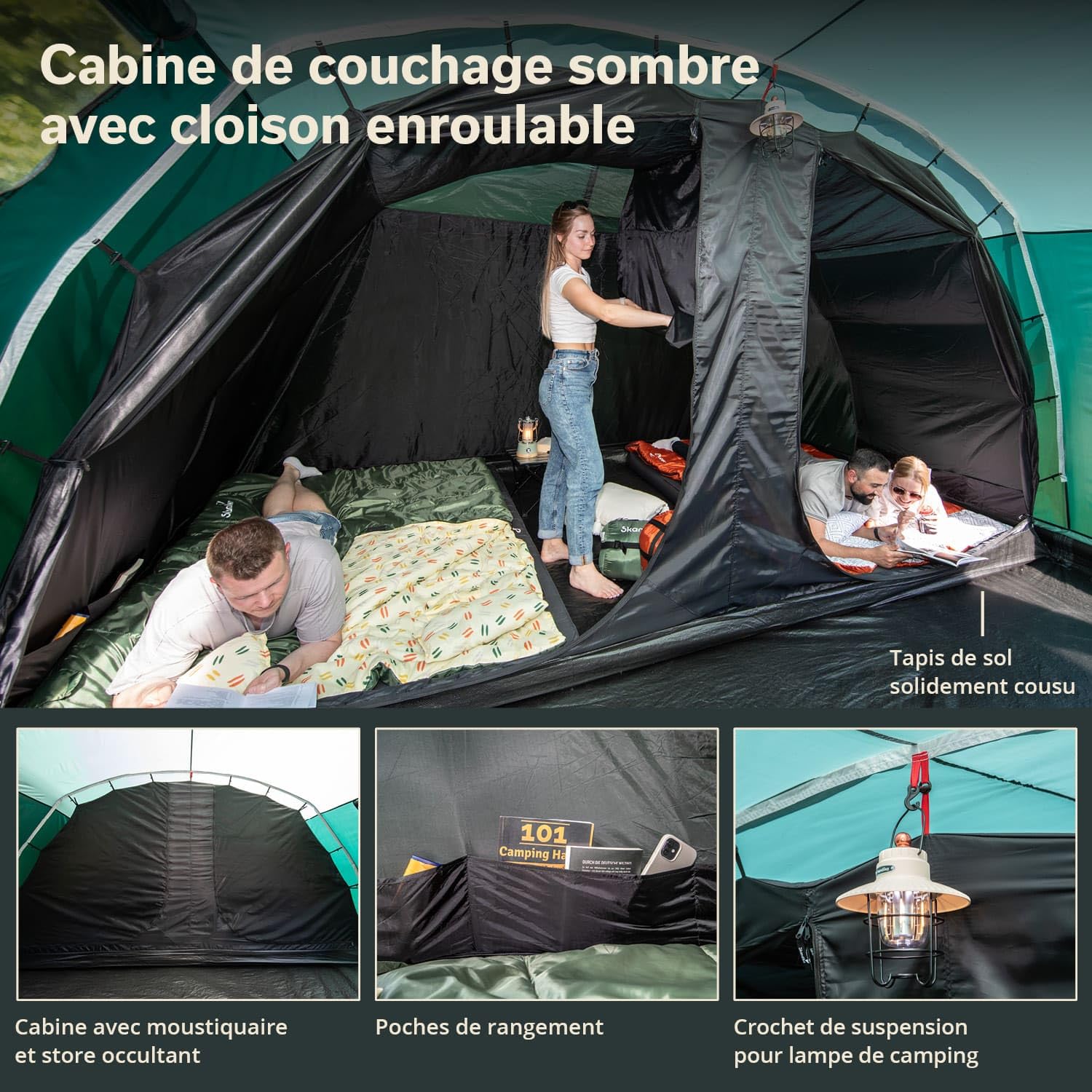 Skandika Tente tunnel Kaupanga | Tente de camping pour 6 personnes, sol de tente cousu, imperméable, colonne d'eau de 3000 mm, cabine de couchage sombre, tente familiale | Tente pour extérieur,