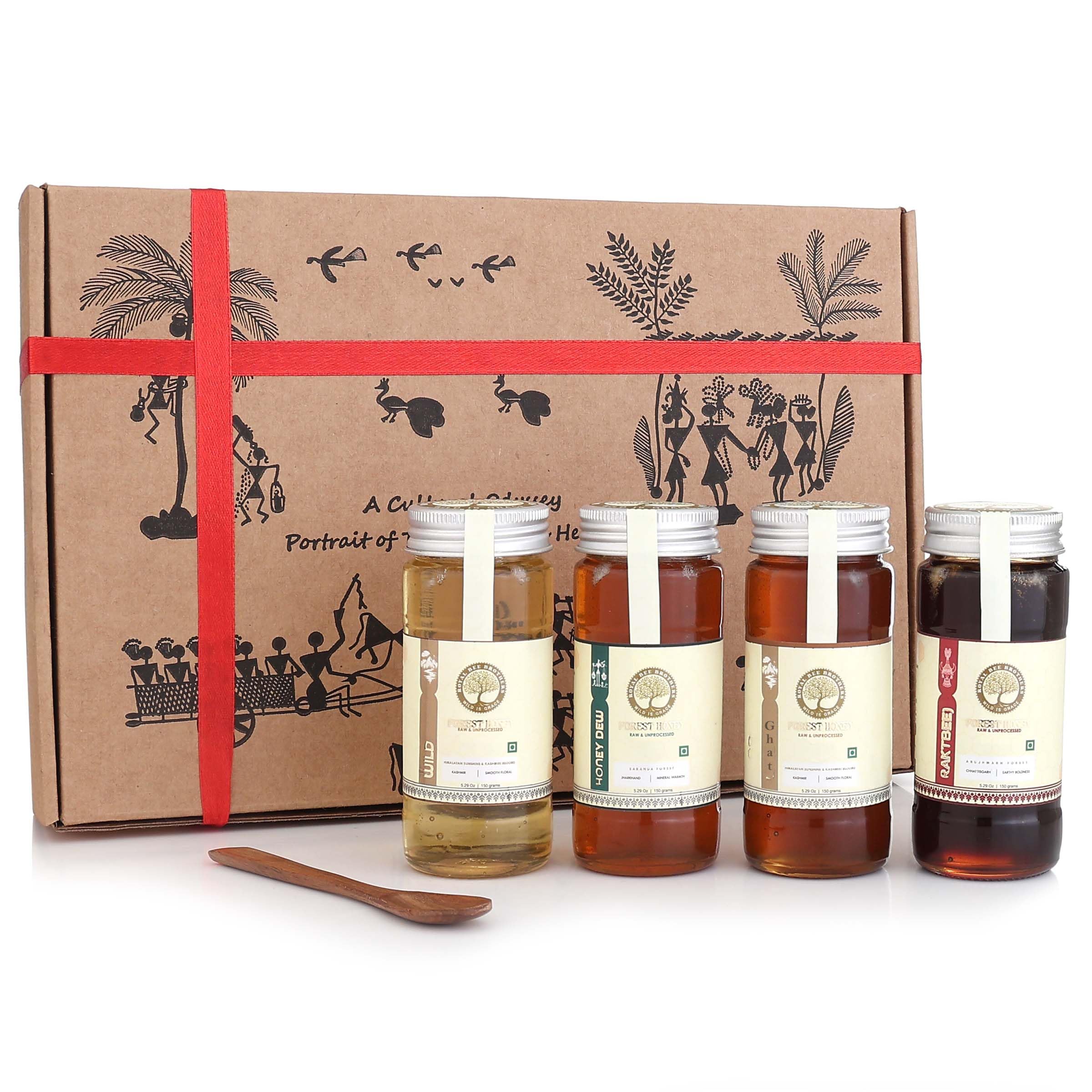- Royal Bee Brothers | Festive Gift Hamper | 04 types of Forest Raw Honey, Wooden Spoon, Message Card | Handcrafted Forest Produce Products | Empowering Women Artisans | Gifting Traditions with Love | (Veenapani)