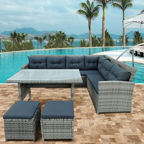 Merax Juego de muebles de patio (gris de 6 piezas, sofá seccional para exteriores con mesa de cristal, otomanos para piscina, patio trasero, césped