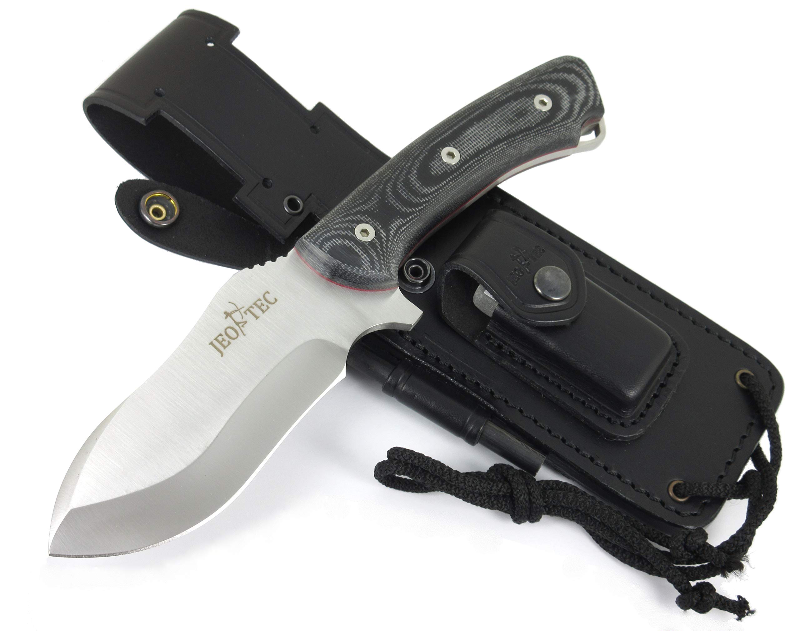 JEO-TEC Nº35 Nóż Bushcraft, nóż do paska na zewnątrz, nóż myśliwski, nóż survivalowy wielofunkcyjny , stałe ostrze, MOVA-58, z naturalna skorzana osłona + krzesiwo + ostrzalka do noży , recznie robiony w Hiszpanii