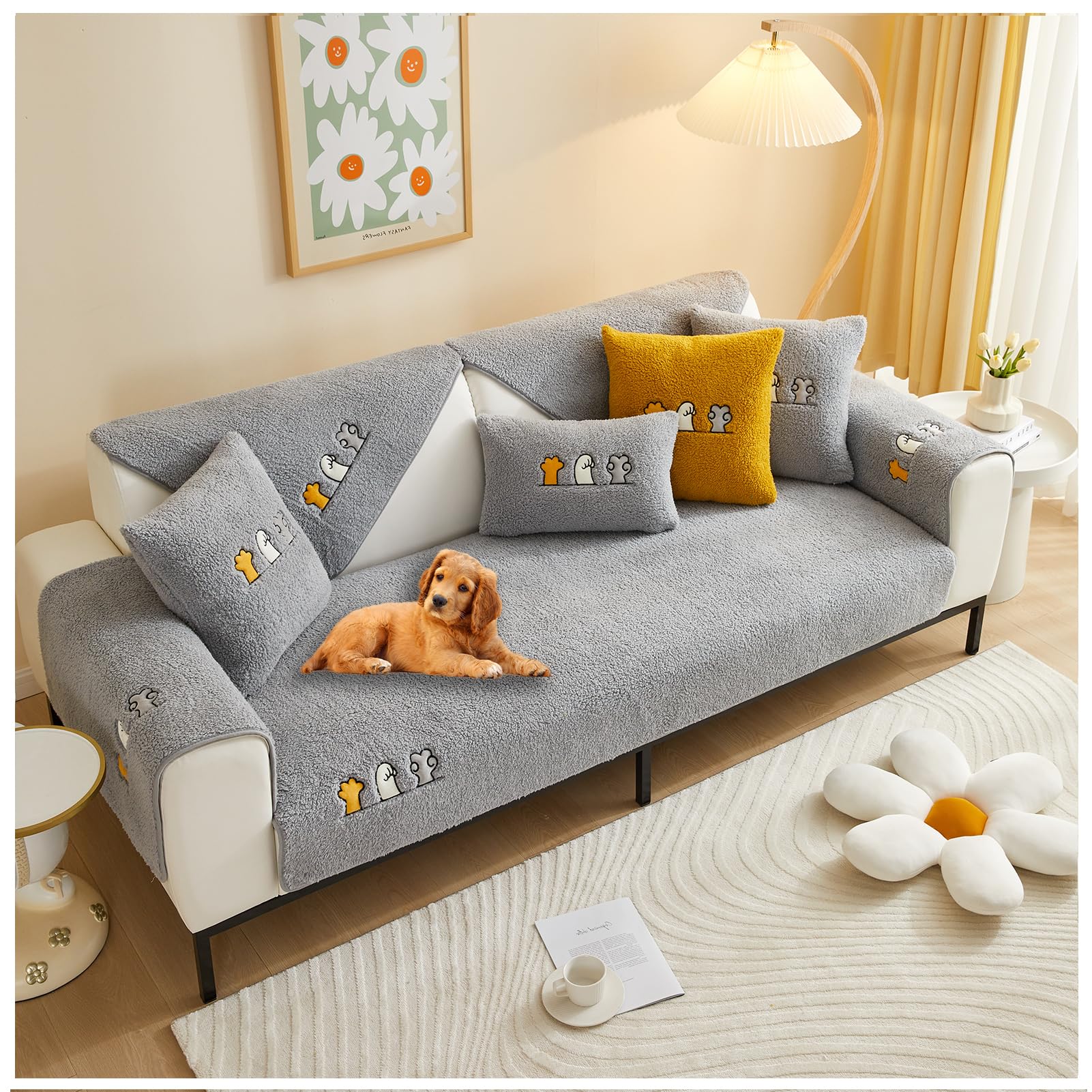 Sherpa Fleece Sofa Couch Covers,Fuzzy Furry Non Slip Sofa Slipcover Furniture Protector,Washable Seat Cover Slipcover Elastic Furniture Protector for Pets, Kid (Grey,90 * 90cm)