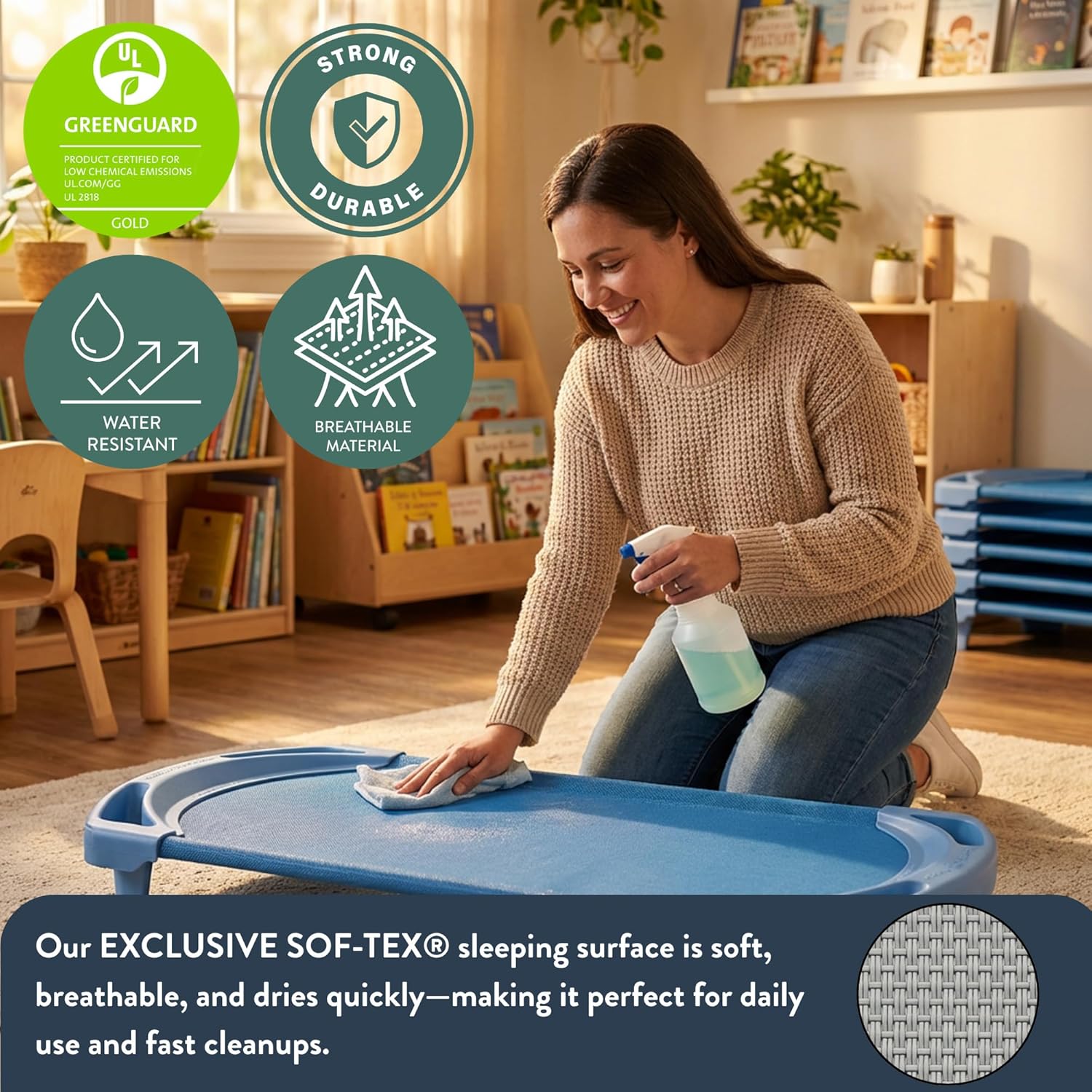 Angeles SpaceLine Daycare Cots for Kids, Kids Toddler Stackable Sleeping Cot for Preschool and Classroom, Toddler Size, Single, Ocean Blue