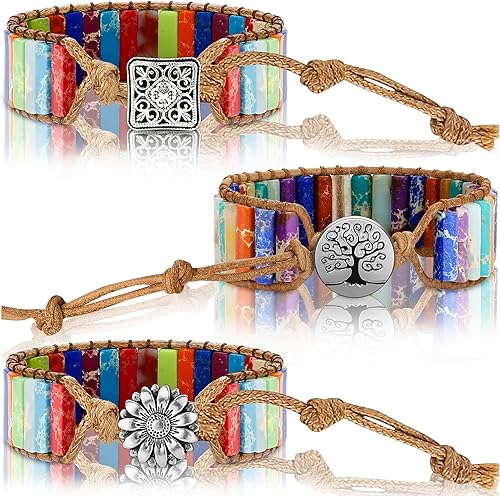 Hicarer 3 pulseras de 7 chakras para mujeres y hombres, piedra natural, cuero envolvente, pulseras de cuentas curativas, piedras curativas, regalos