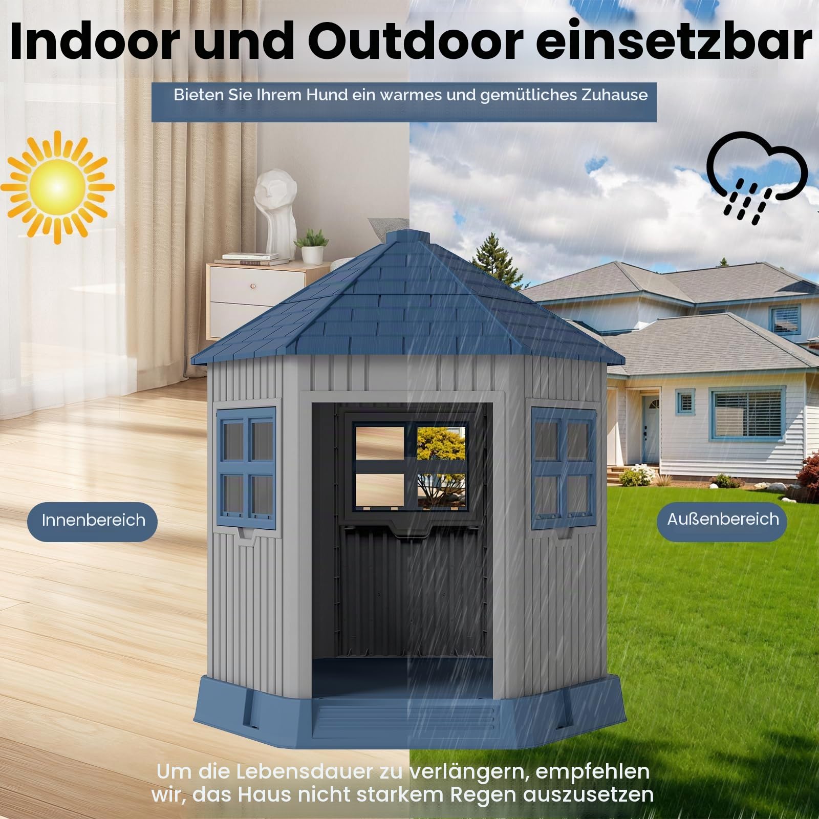 FANTASK Hundehütte Outdoor, Hundehaus Winterfest mit großer Tür & 2 Fenstern aus PP, scheunenförmig, Outdoor Hundehütte für mittelgroße bis große Hunde & Katzen, Grau