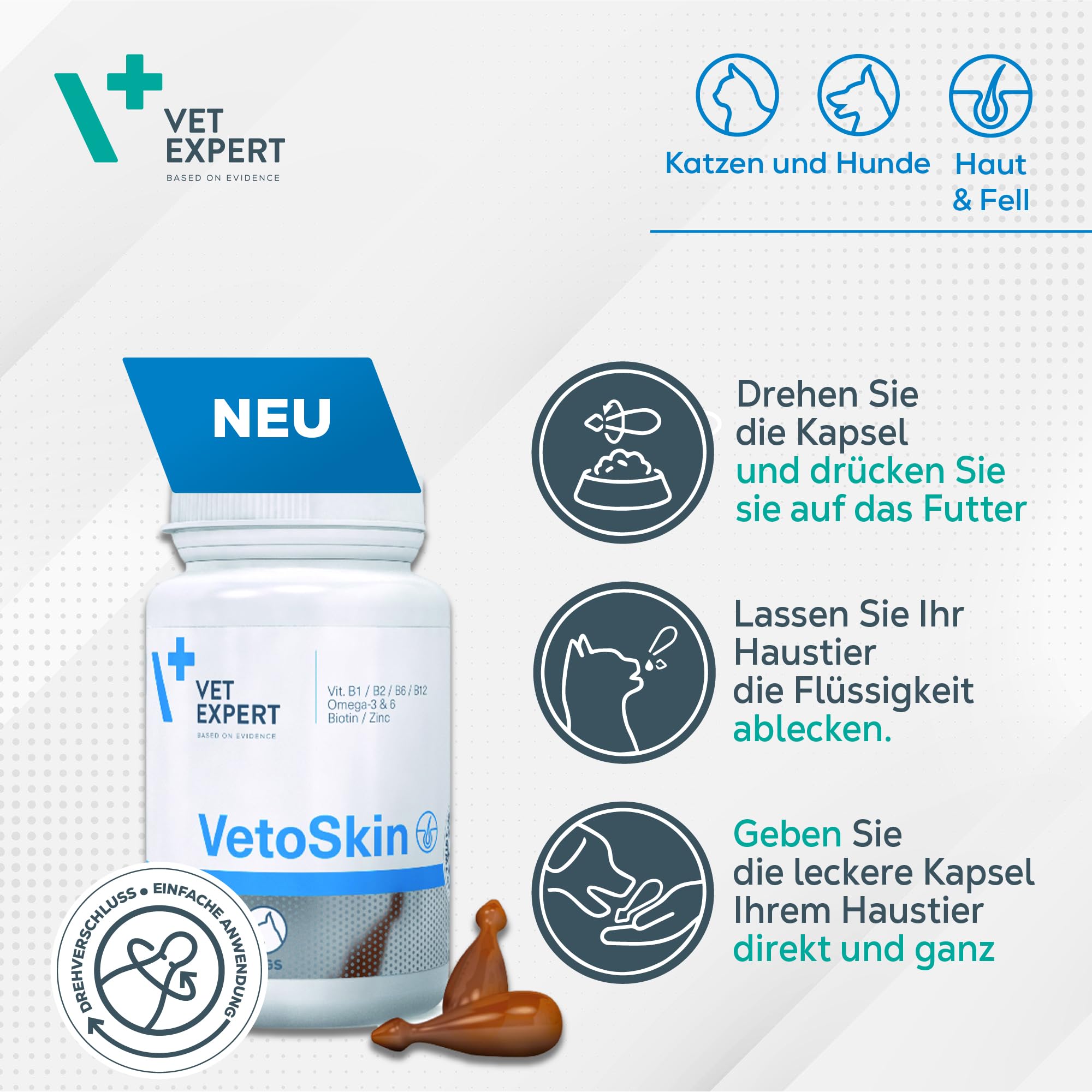 VETEXPERT VetoSkin | 90 Kapseln | Ergänzungsfuttermittel für Hunde & Katzen | Mit Omega-Fettsäuren & Biotin