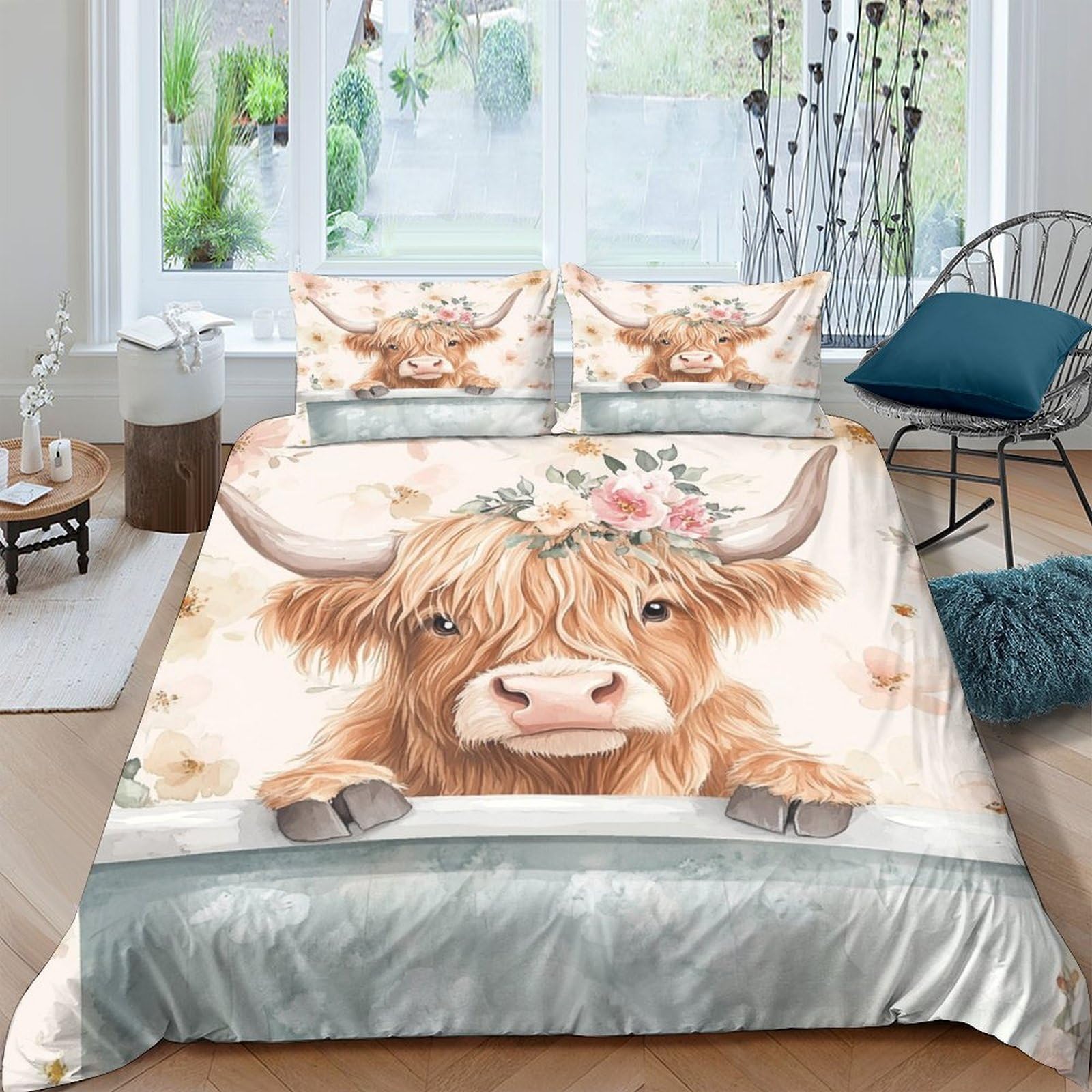 Ctjqhvkz Style-4 3D Printed Highland Cow Fitted Sheet Microfiber Anti-Slip Floral Bed Cover For Bedroom Guest Room Decor Easy Care Single（135X200cm）